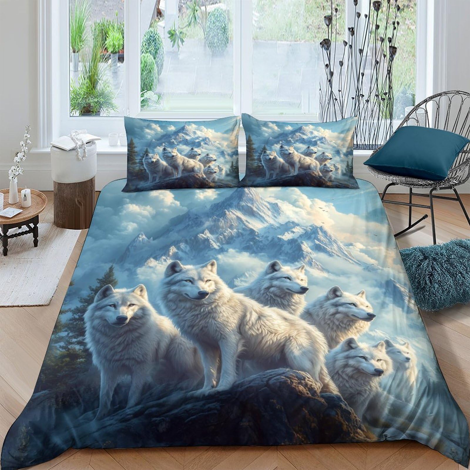 GPLZQXKJNH 3D Printed Wolf Mountain Duvet Cover Microfiber Soft Breathable Forest Bedding Set with 2 Pillowcases for Bedroom Decor Single（135x200cm）