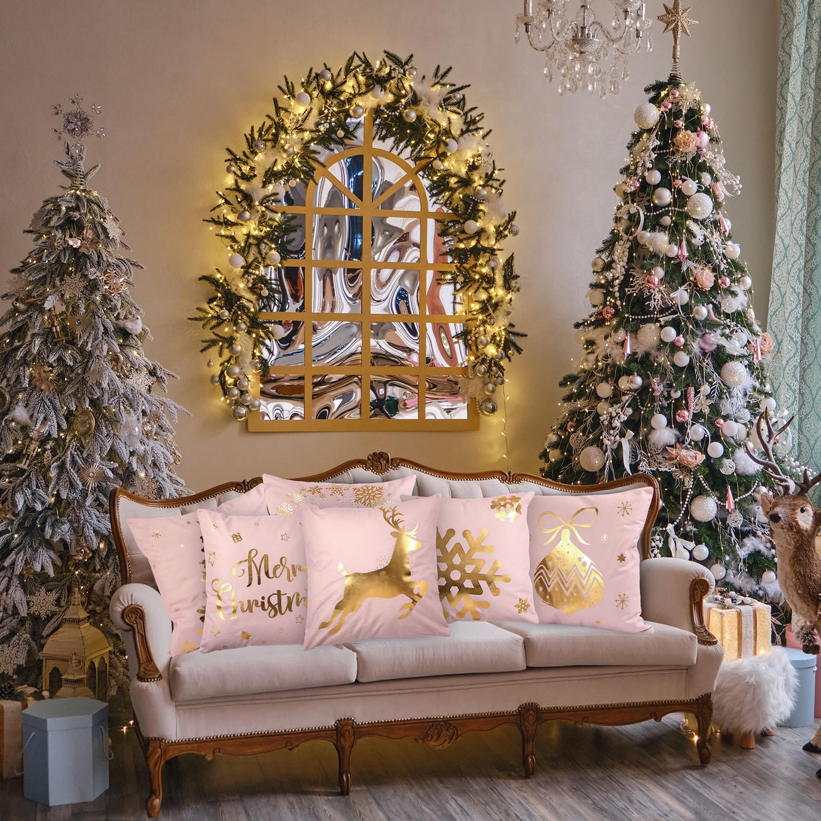 Tatuo 6 Piezas de Fundas de Almohada de Navidad Decorativas Cubiertas de Cojines Navideñas Festivales para Sofá Hogar Oficina Dormitorio Decoración Adorno, 45 x 45 cm (Rosado, Oro)