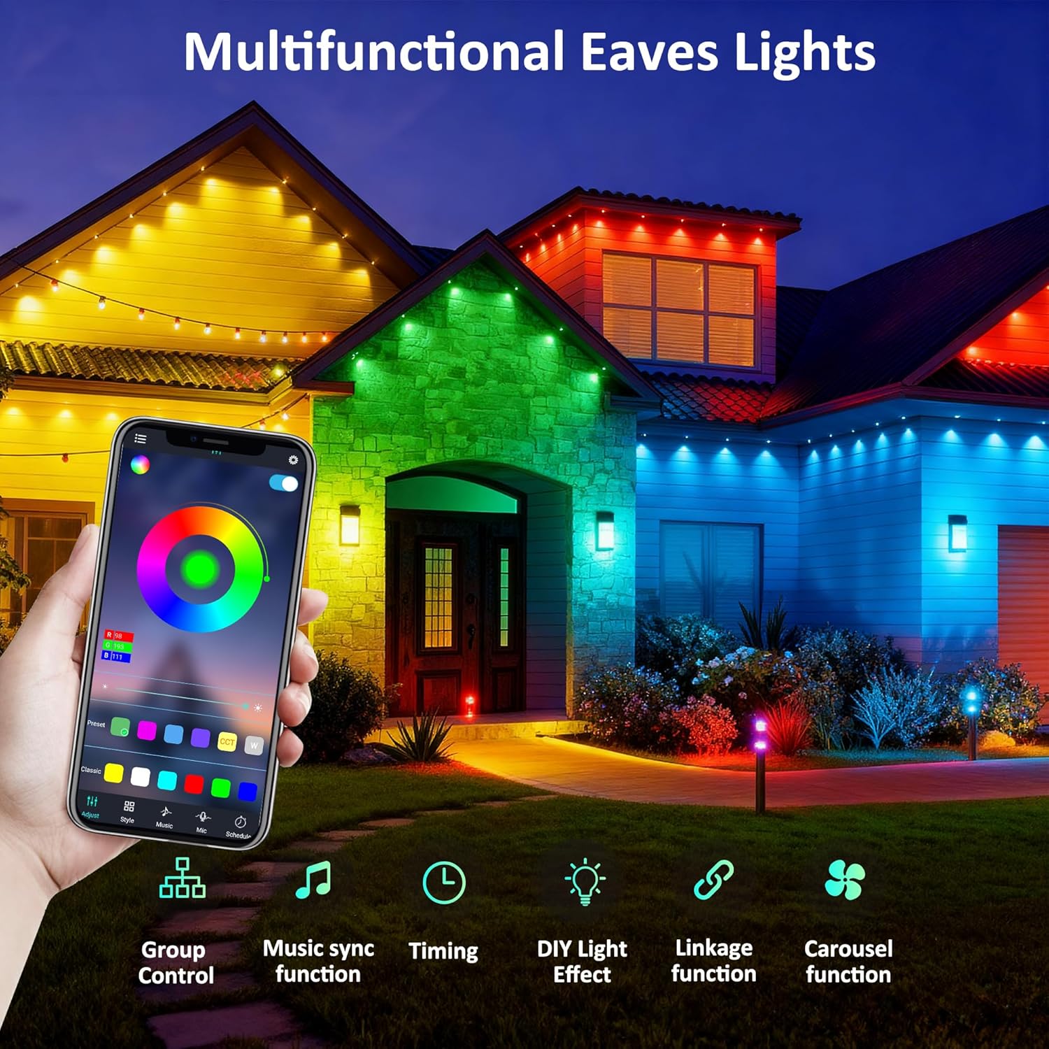 RGB Permanent Outdoor Lights, 200FT Smart LED Eaves Lights with APP & Remote Control, IP67 Waterproof Outdoor String Lights for Christmas, Halloween,Party, Garden, Patio, House Decor - Image 4