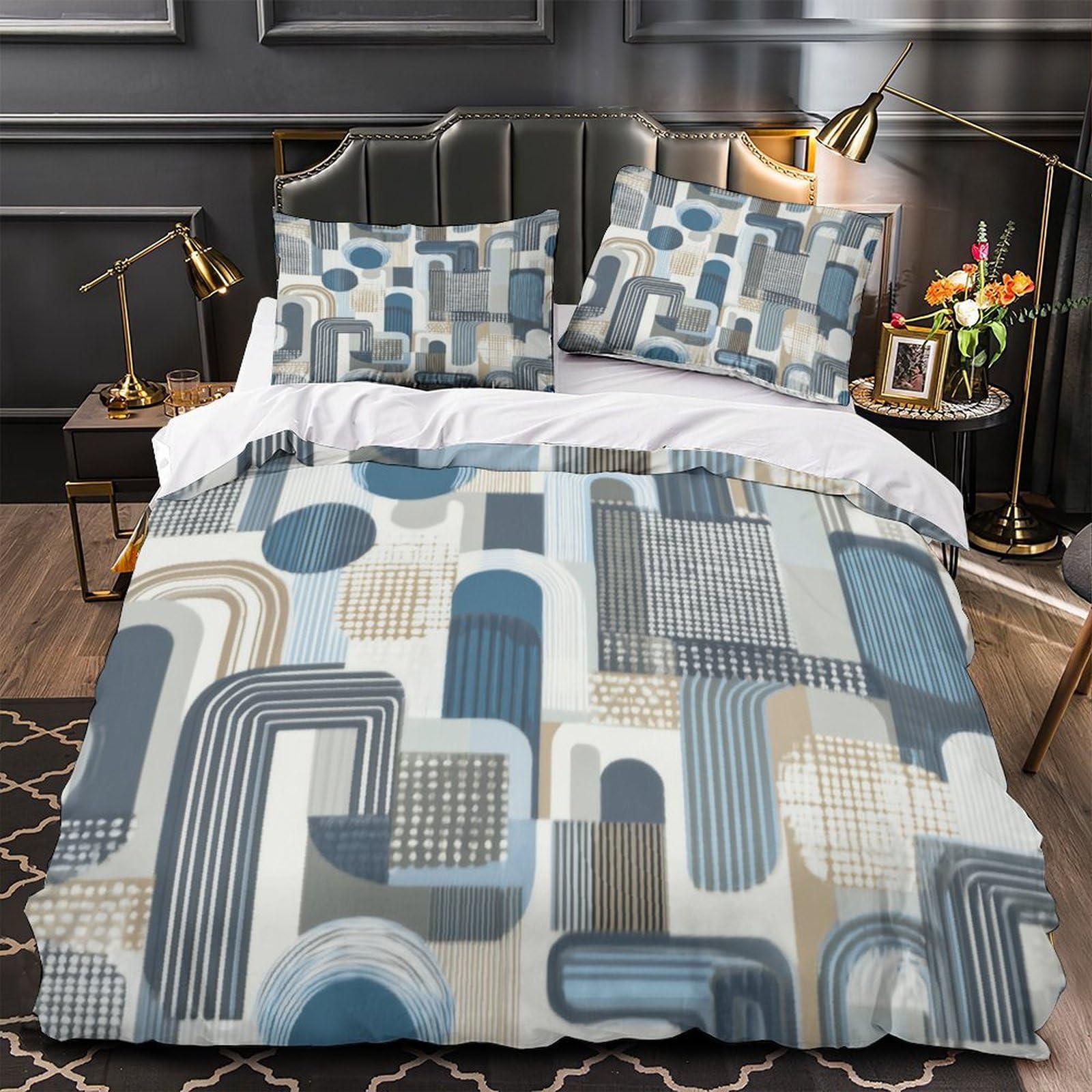 Housse de couette 135x200 géométrique 3D en microfibre avec 2 taies d'oreiller