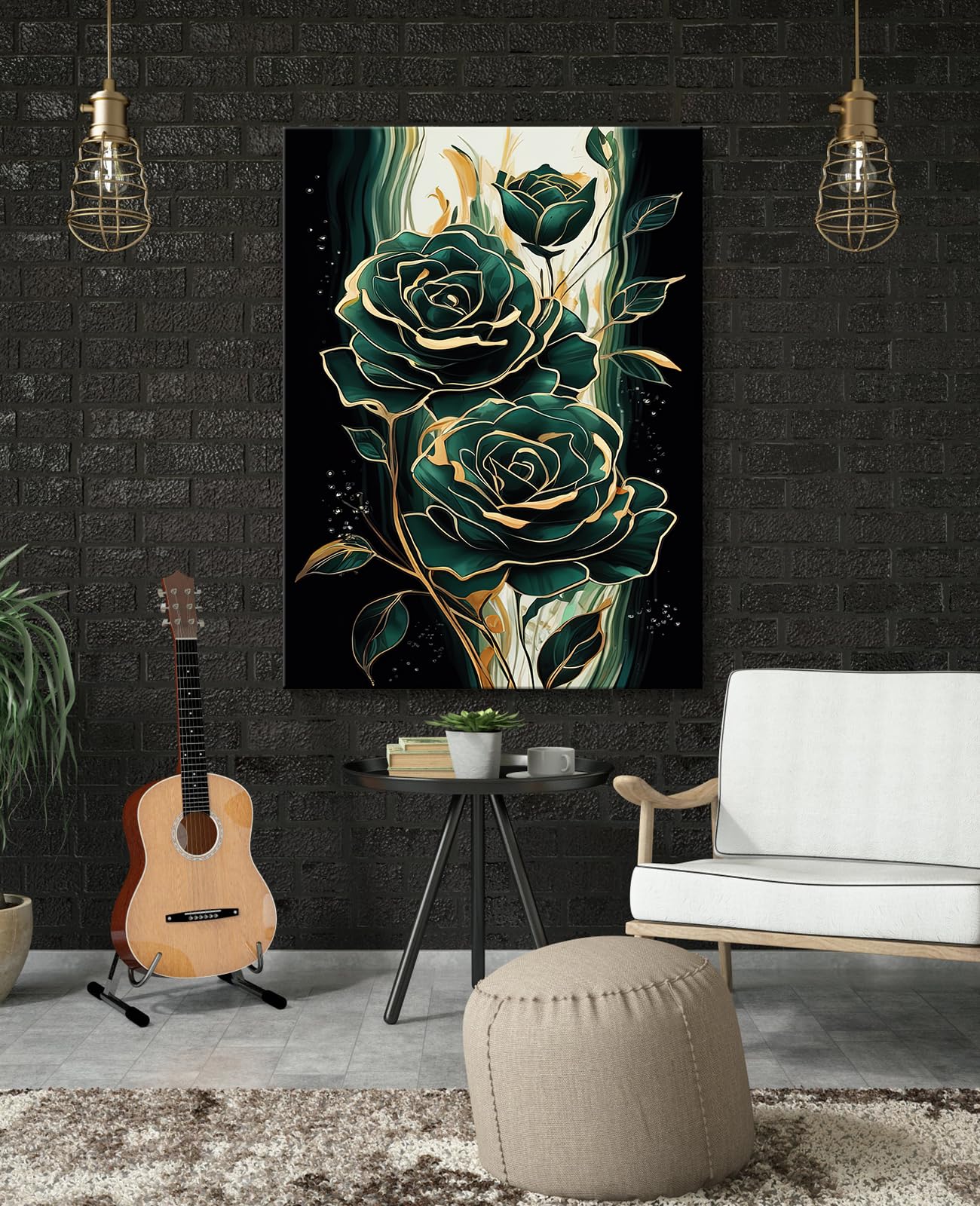 Emerald Green Flower Wall Art Gold Emerald Rose Wall Decor Modern Floral Canvas Print Painting Picture Artwork for Bedroom Bathroom Home Decor,Framed - Image 2