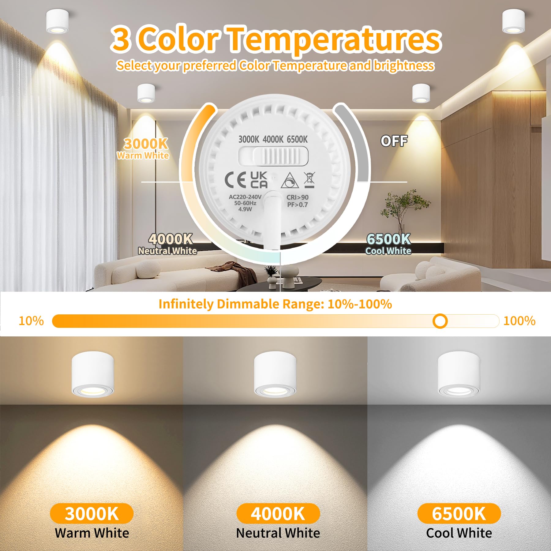 4x Focos LED Interior Techo Blanco, Aplique Techo Interior IP44 Ø80x65mm Plano, Foco 230V Incluye Módulo LED 5W 550LM, 3000K/4000K/6500K Dimmable, Aluminio,Foco para Baño