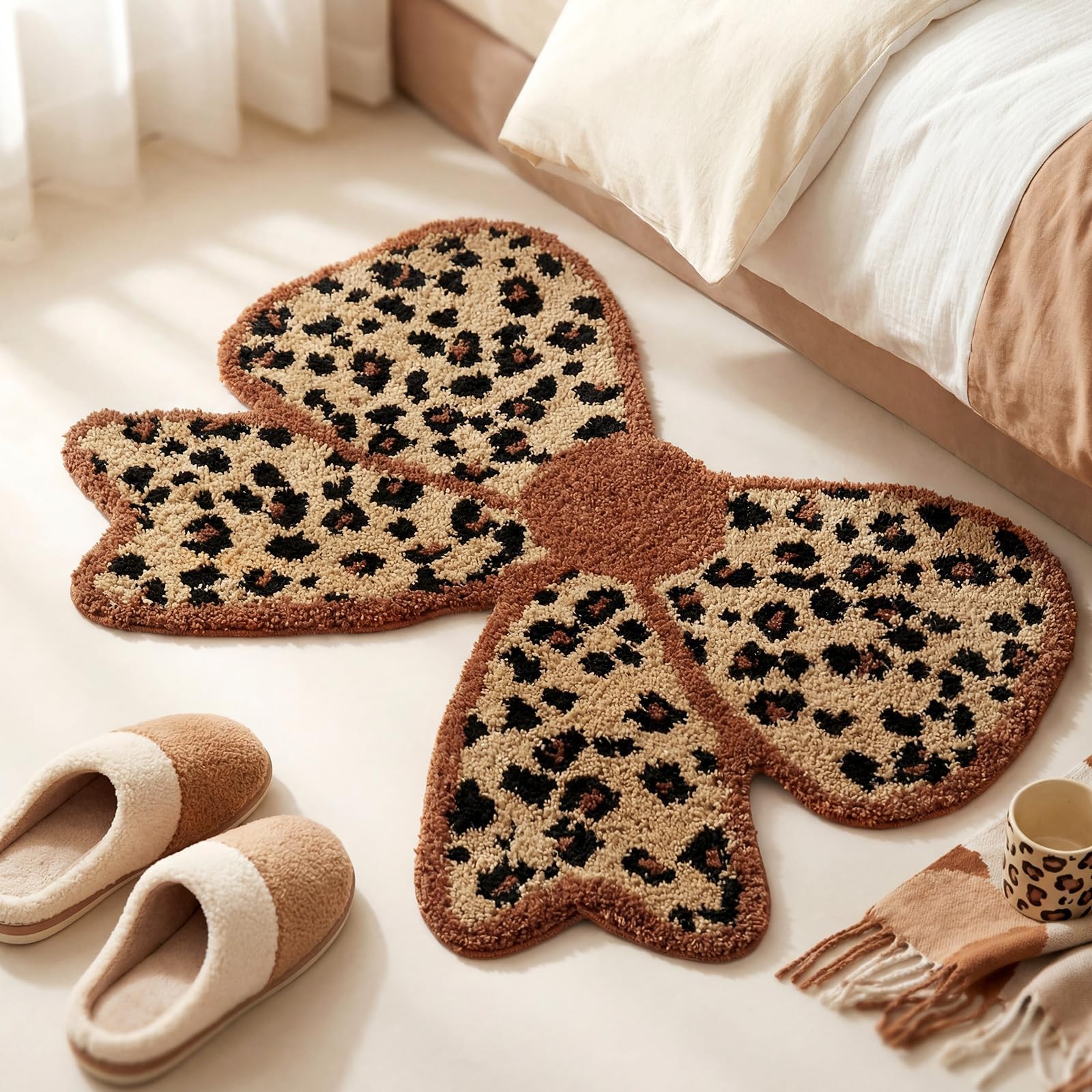 Tappeto da Bagno a Forma di Fiocco con Motivo Leopardo, Antiscivolo, Lavabile, Morbido e Assorbente, Tappeto da Bagno per Soggiorno Camera da Letto, 80 x 56 cm