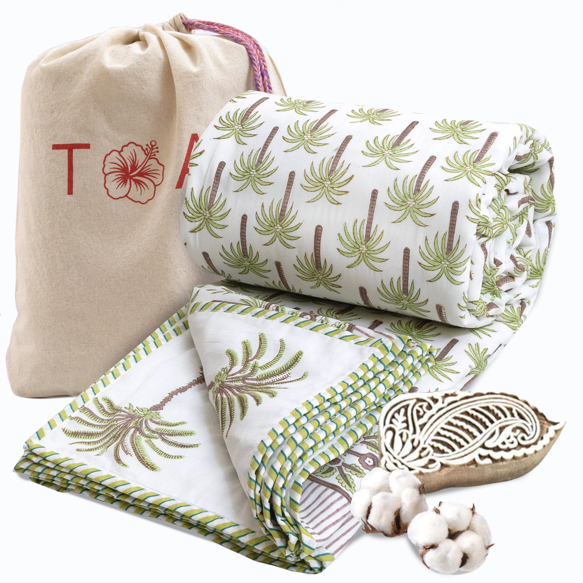 TOAIArt Premium Jaipuri Dohar | AC Blanket/Quilt for Summer | Hand Block Printed | 3 Layers | Reversible | 100% Mulmul Cotton | Flannel Filling | King 108" X 90" | Palm Trees (Green Brown White)-image-39