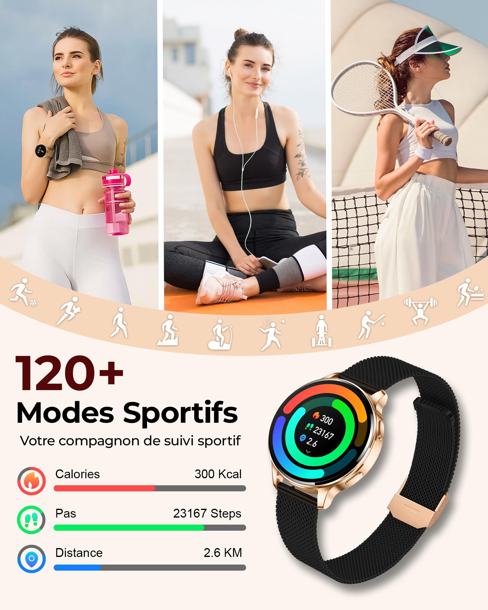 Iaret Montre Connectée Femme avec 3 Bracelets, 1,27" Écran AMOLED Always-on, Appel Bluetooth, 120+ Modes Sport, SpO2/Cardio/Sommeil, Smartwatch Ronde pour Android iOS, Cadeau (Or Noir)