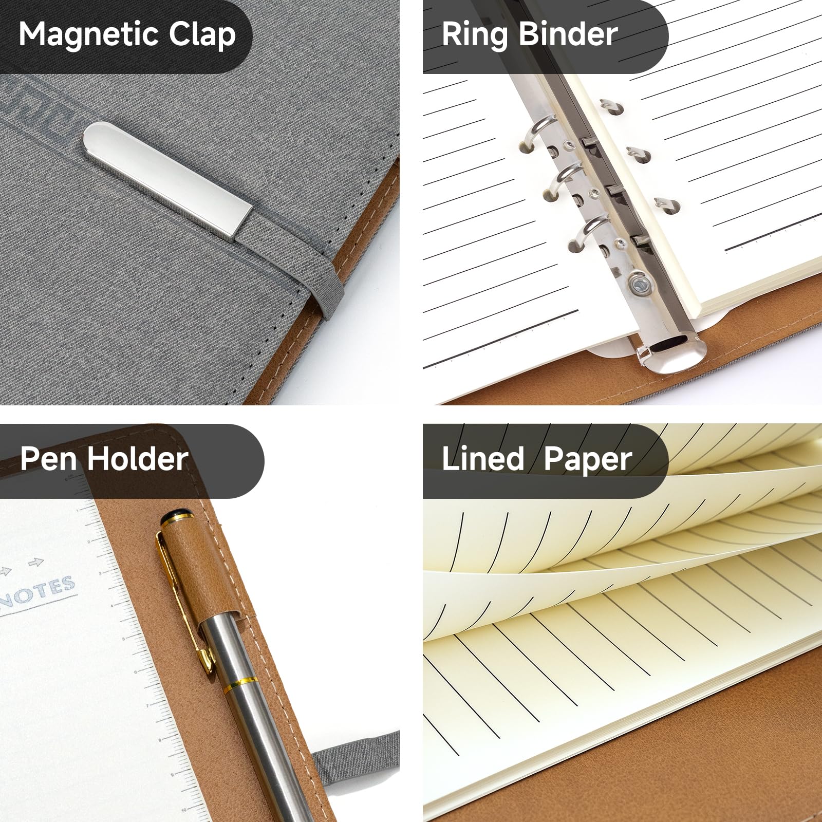Cuaderno de rayas A5, cuaderno de tapas duras recargable de 6 anillas con soporte para bolígrafo, 100 hojas, bloc de notas, agenda, material de oficina