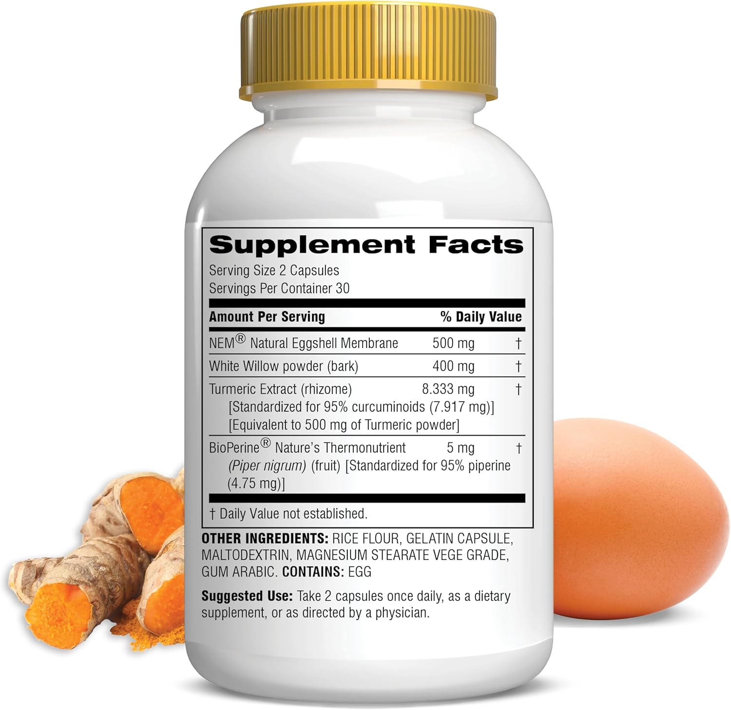 Botanic Choice Fast Act Joint Comfort with NEM Natural Eggshell Membrane, Turmeric Curcumin, Bioperine, & White Willow Bark, Supports Joint Health, 60 500mg Capsules