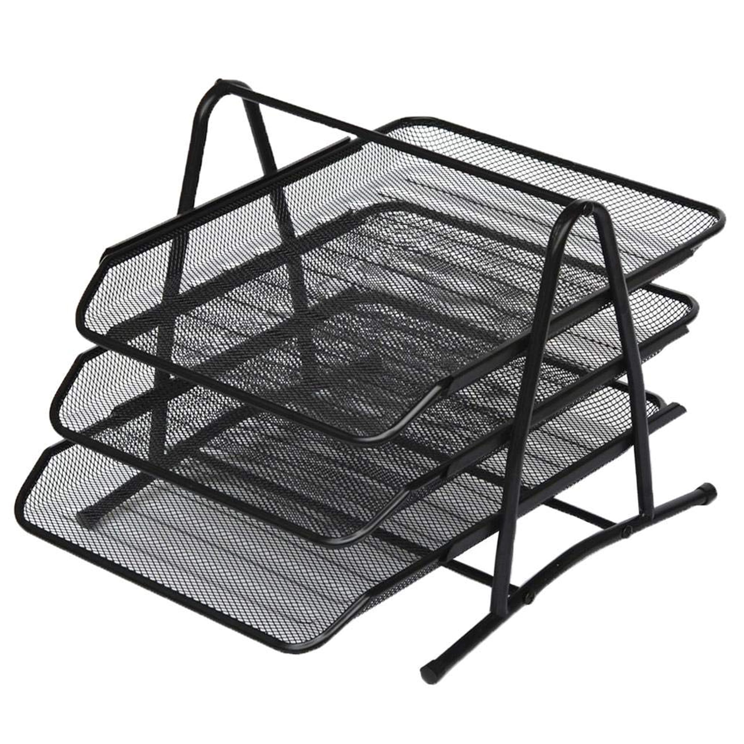 3-Tier Sliding Shelf Countertop File Tray Organizer, Metal Mesh File/Documents/Letters/A4 Size Files Desk Rack With Slidable Compartments - Black