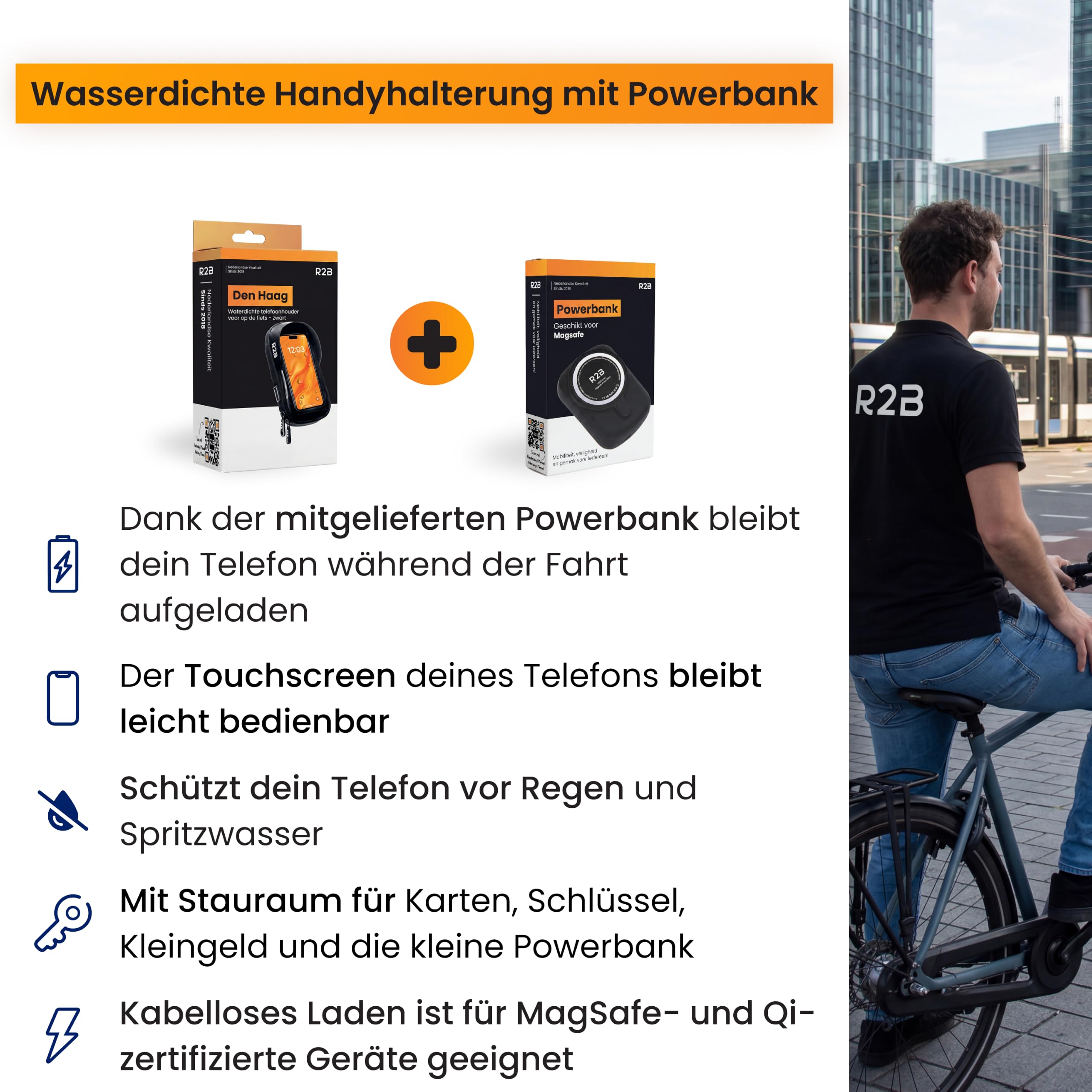 R2B Wasserdichte Handyhalterung Fahrrad mit Powerbank passend für Magsafe - Mit Zusätzlichem Staufach, Telefonhalter für Mountainbikes, Motorrad und Kinderwagen, 360-Grad-Rotationsfunktion, Einfache