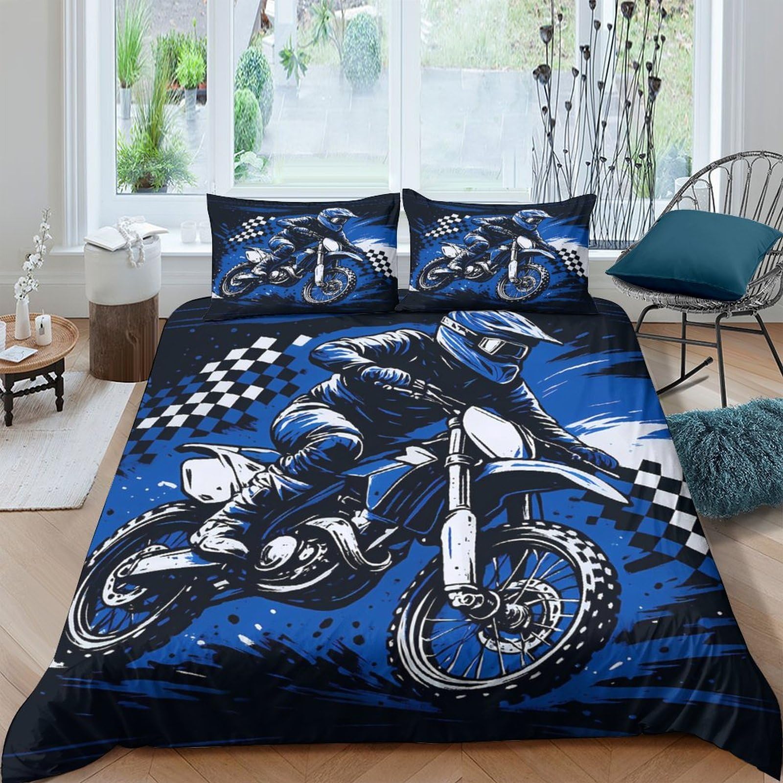 Ctjqhvkz Style-9 3D Printed Motocross Rider Fitted Sheet Microfiber Blue Racing Motorcycle Bed Cover For Bedroom Home Decor Single（135X200cm）