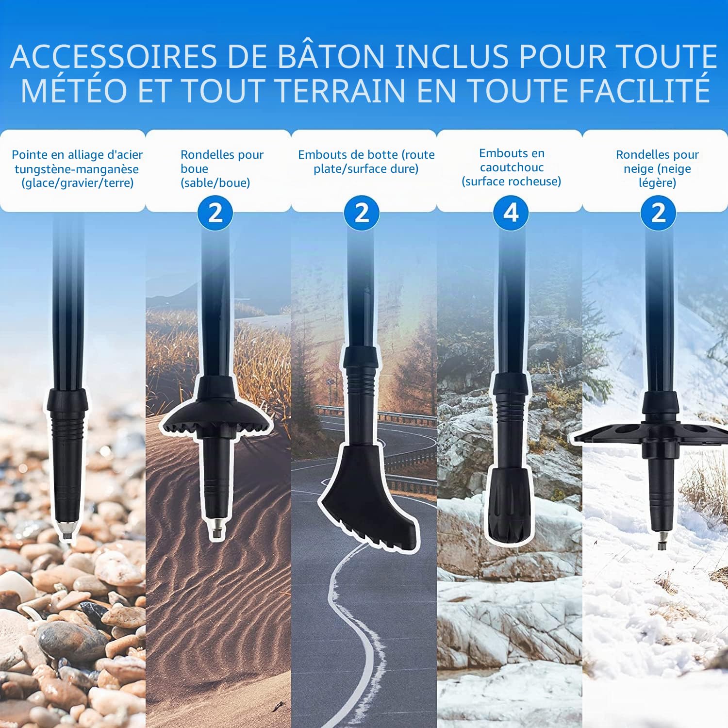 Overmont Bâtons de Randonnée Pliable Antidérapant Ultraléger Bâtons de Marche Réglable, Idéal pour Randonnées Camping Ski Trekking, 2 PCS