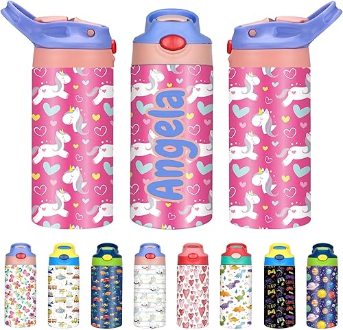 Botellas de agua personalizadas para niños de 12 onzas, botella de agua de acero inoxidable aislada personalizada para niñas, niños, mujeres,