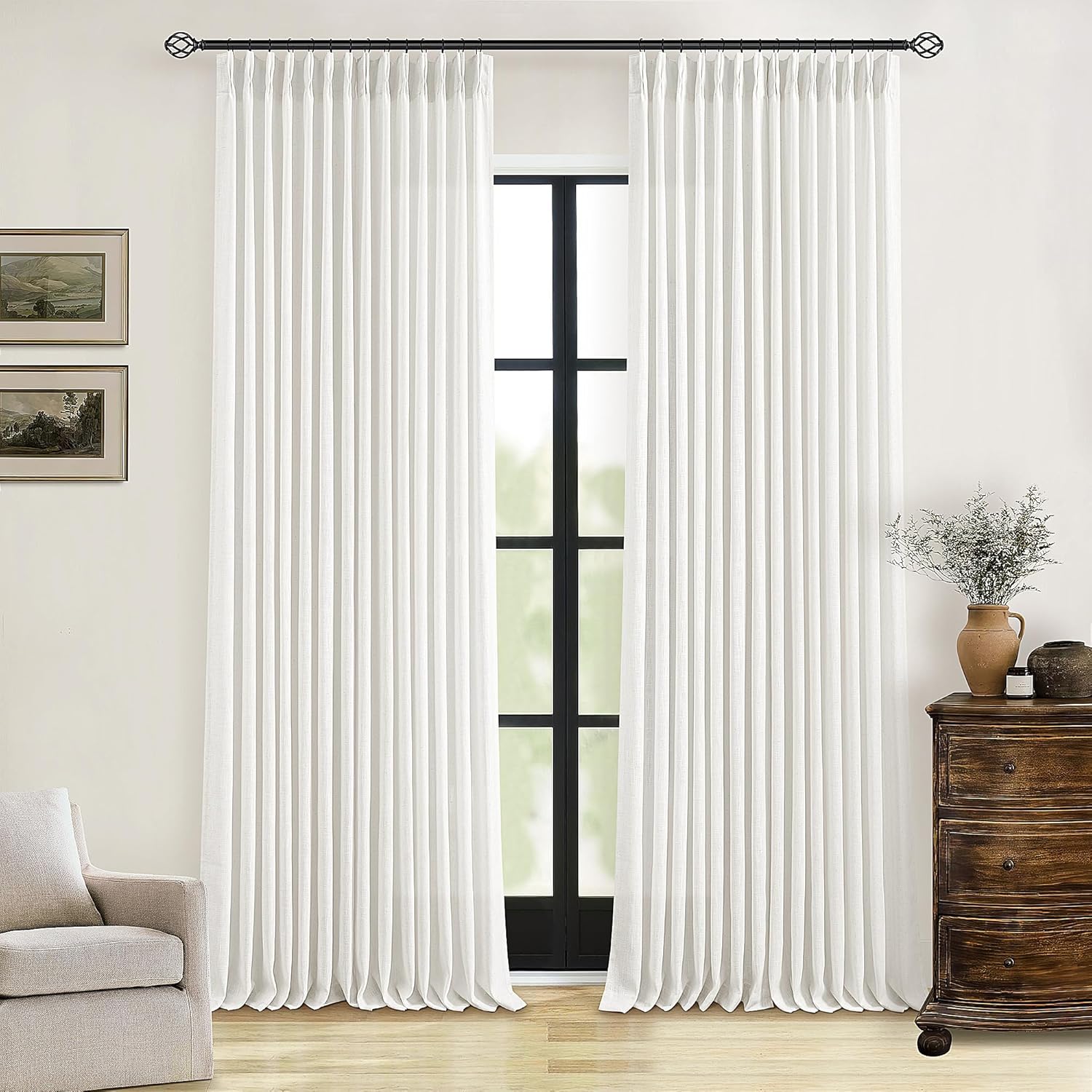 Beige White Linen Curtains 108 Inches Long 2 Panels Set for Living Room Neutral Boho Thick Linen Textured Pinch Pleated Memory Shape Light Filtering Ceiling Semi Sheer Window Curtain Hook Rings Ivory Beige White 40"W x 108"L (Pack of 2)