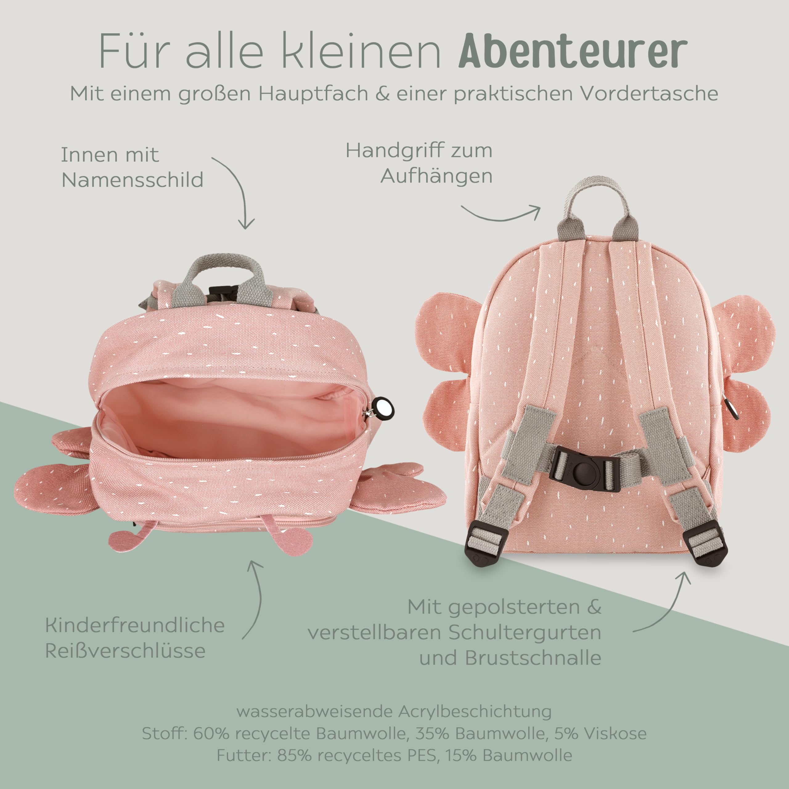 TRIXIE Kindergartenrucksack, Rucksack für Schule und Sportunterricht, personalisiert mit Namen