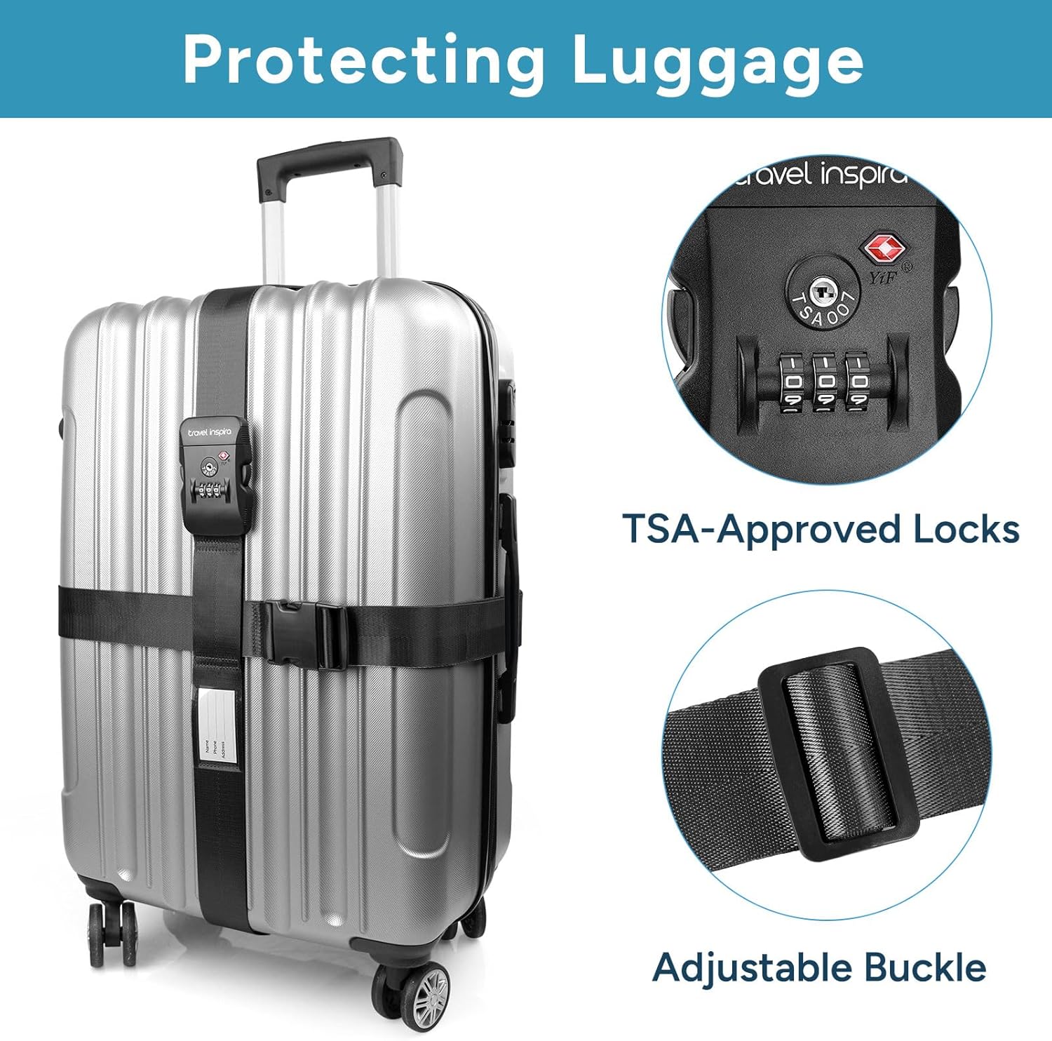 Travel Inspira TSA Lock Luggage Straps for Suitcases | Anti-Burst Protection, High Visibility Color, Easy Identification | Adjustable Heavy-Duty Belt for 20-32 Inch Suitcases - Image 3
