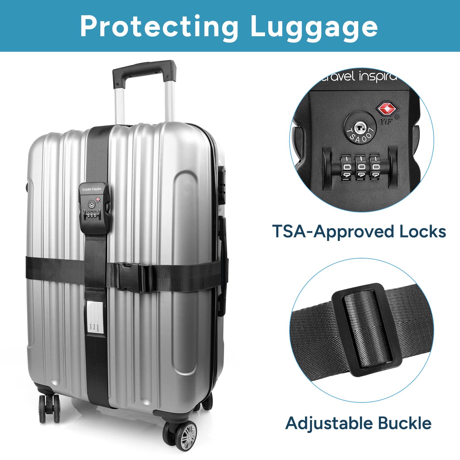 Travel Inspira Cintura antifurto per valigie con serratura TSA | Nylon resistente; serratura approvata TSA con etichetta; regolabile 103-200 cm; cinturino nero sicuro; borse da 20-28 pollici