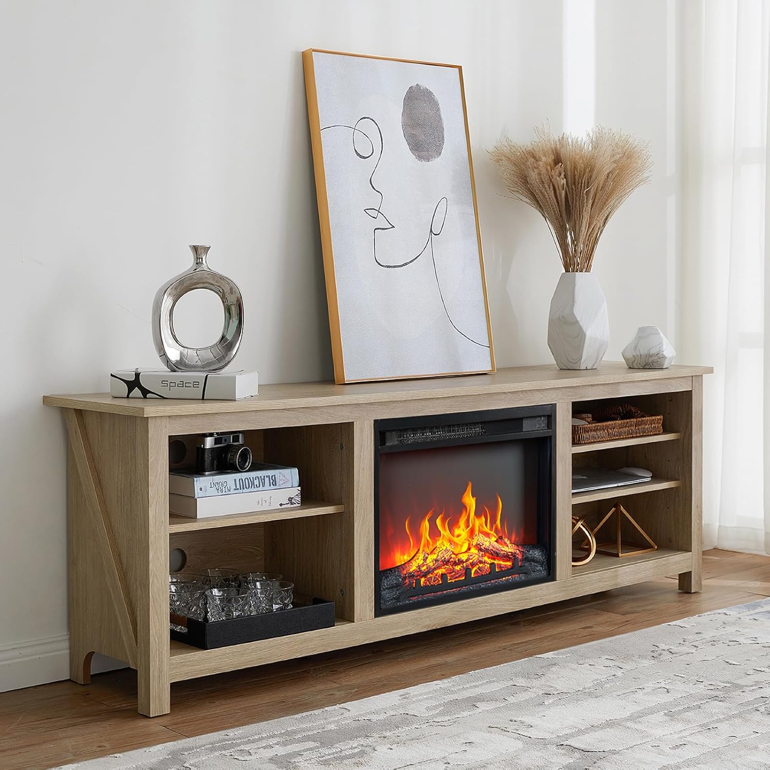 Amerlife Fireplace TV Stand features 23 inch electric fireplace and natural oak finish