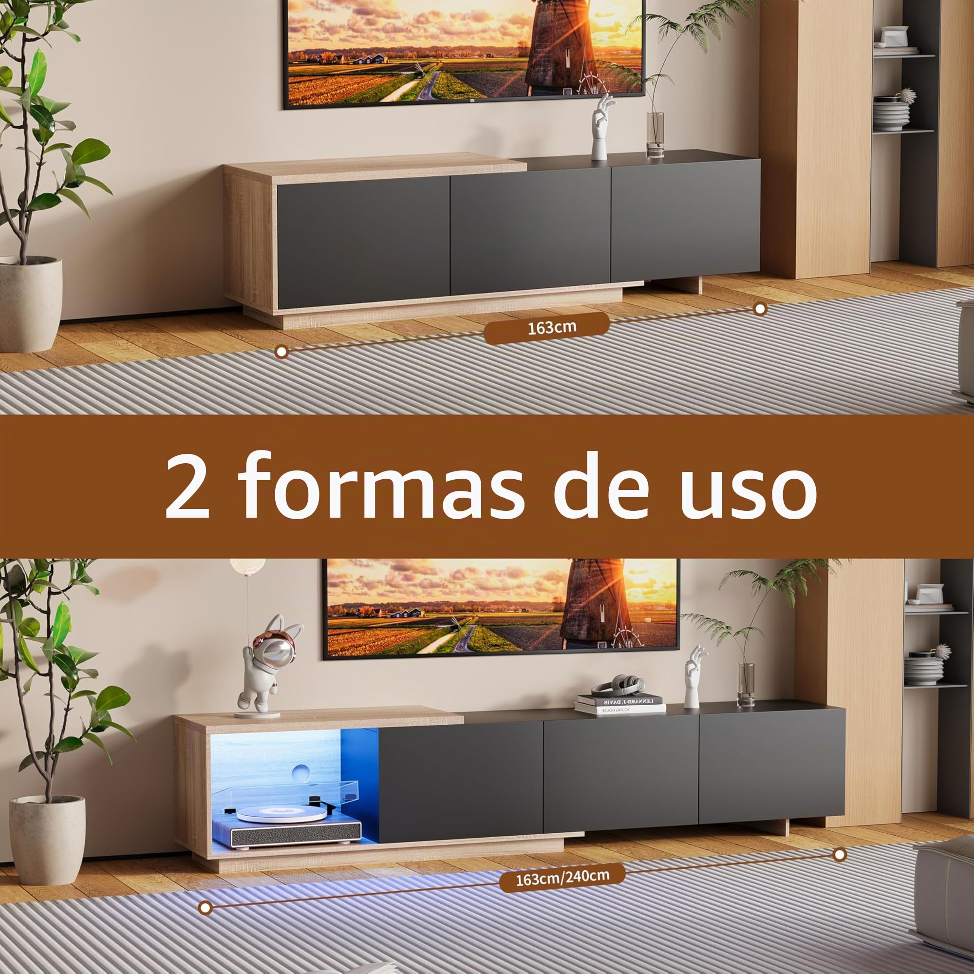 Mueble TV Extensible 163-240 cm de Longitud con 3 cajones, Mueble de TV Negro con iluminación LED, Mueble Moderno para TV de 65 Pulgadas, para salón Dormitorio (Negro, 163-240 x 36 x 44 cm)