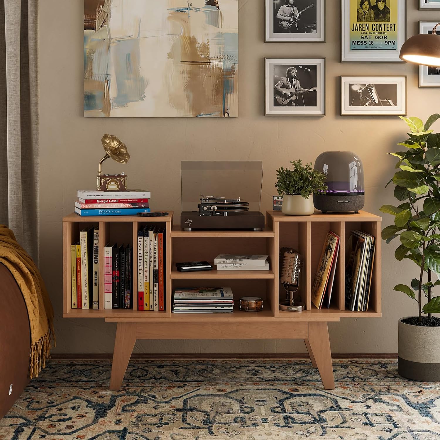 Vinyl Record Holder, Large Record Player Table Holds Up to 450 Albums, Solid Wood Legs Record Stand for Music Room, Media Shelf Cabinet, Wooden Stereo Cabinet for Living Room, Bedroom, Burlywood