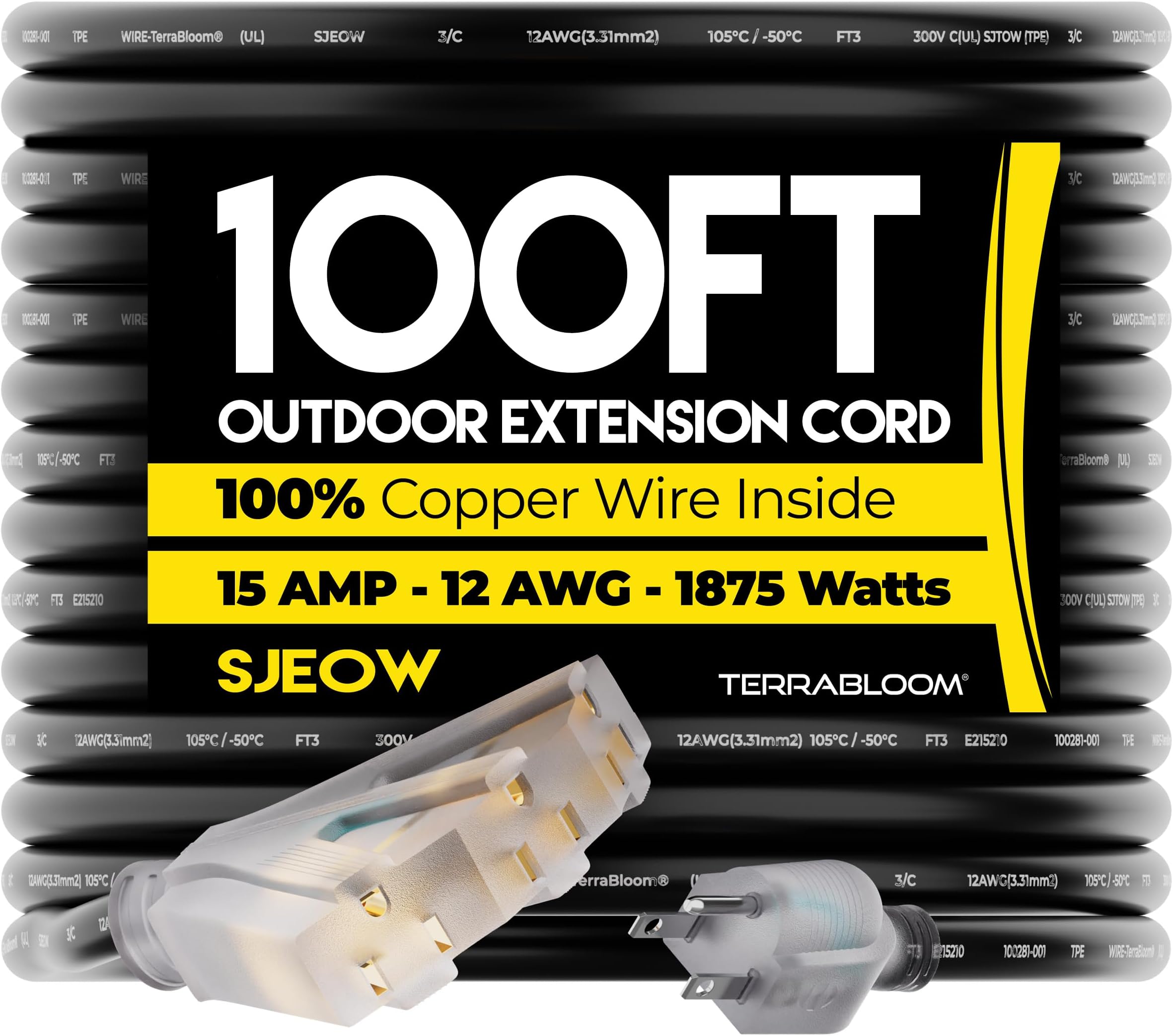 TerraBloom 12/3 Heavy Duty Extension Cord 100 FT Outdoor - Black Outdoor Extension Cord Multiple Outlet - Ultra-Flexible SJEOW Rubber, Light Indicator, Triple Outlet for Maximum Efficiency - 15 Amp