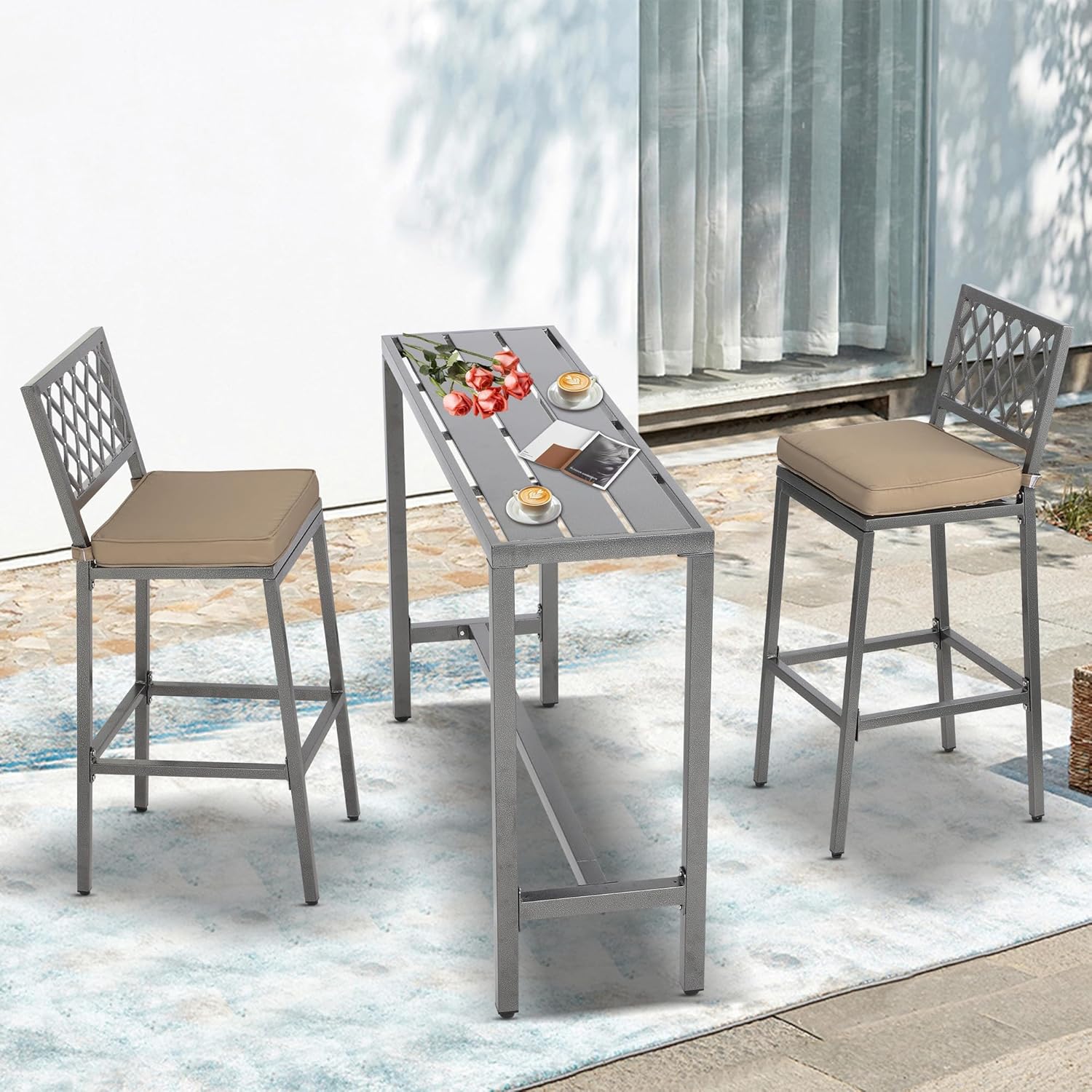 3-Piece Outdoor Patio Bar Set, Bar Height Patio Dining Set, Weather-Resistant Bistro Counter Pub Set with Cushions & Slatted Tabletop for Backyard (Gray, 47" Table and 2 "X stools)