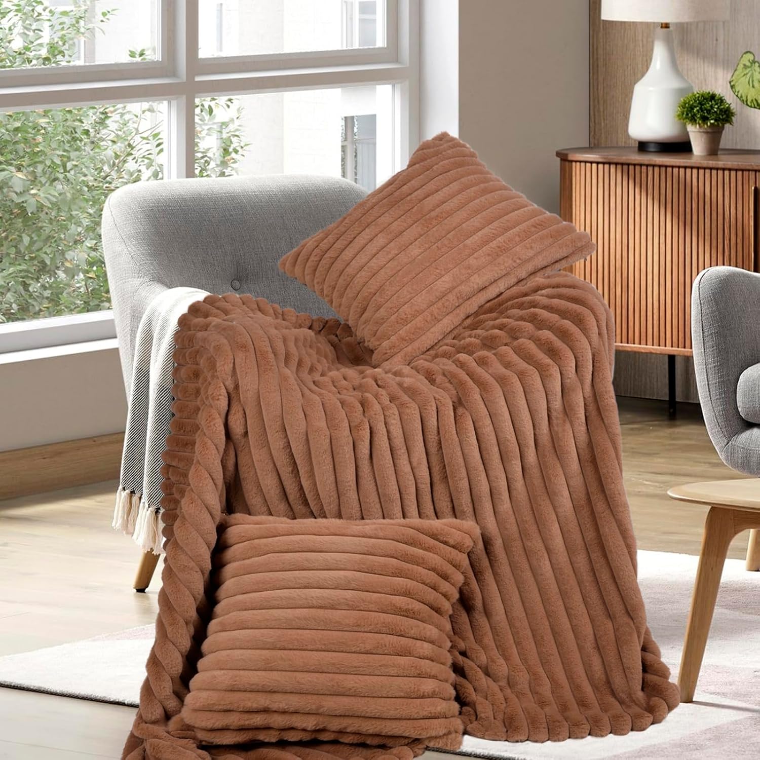 Blanket & Throw Pillow Covers Set - Dual-Sided Faux Fur Fluffy Blanket (50" x 60"), 2 Pcs Cozy Plush Throw Pillow Cover (18" x 18"), Soft Fuzzy Decorative Coach Decor for Bed Sofa Living Room, Brown - Image 5