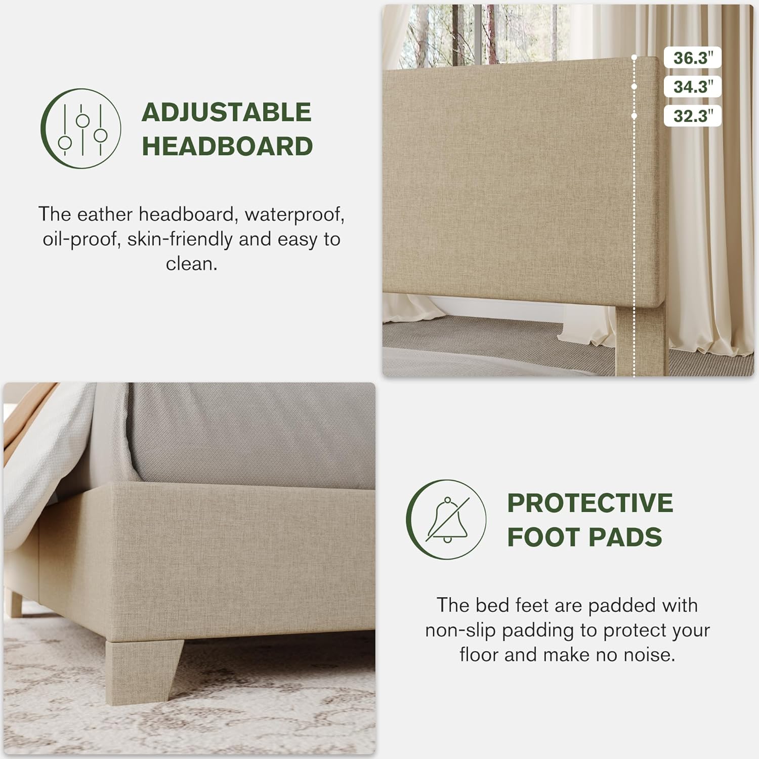 IMUsee Queen Size Bed Frame with Adjustable Linen Upholstered Headboard, Mattress Foundation with Sturdy Wooden Slats, Easy Assembly, Box Spring Optional, Beige