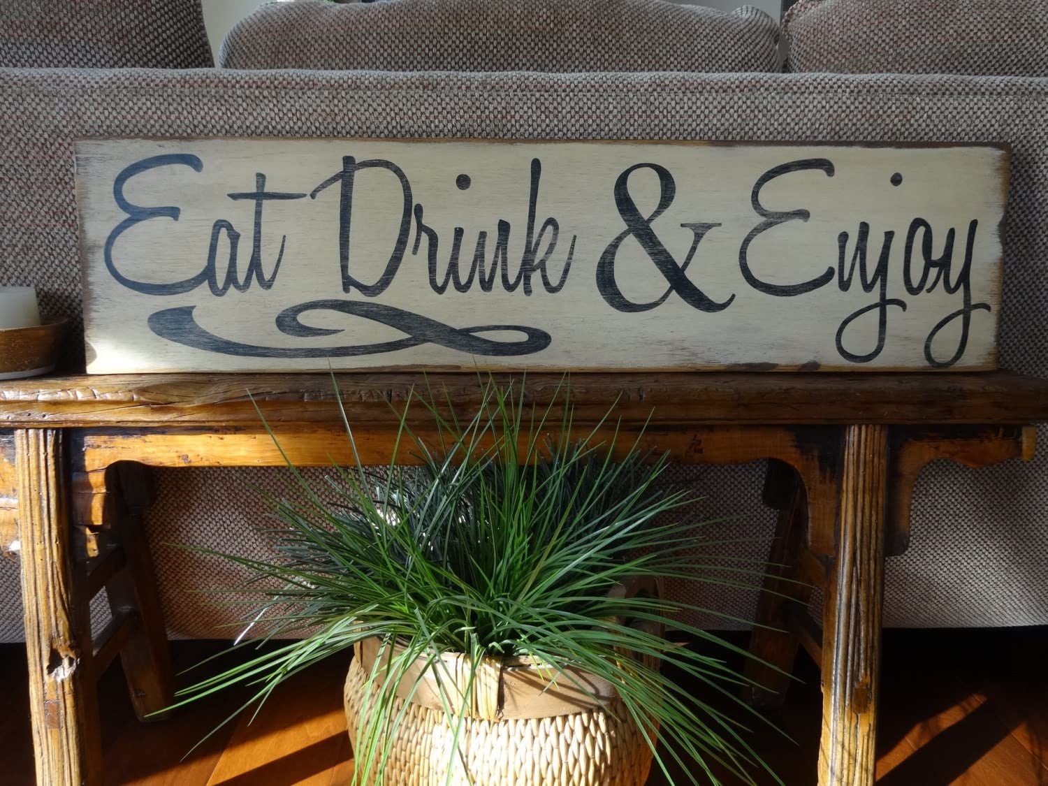 Farmhouse Primitiv Funny Eat Drink & Enjoy.Wood Sign Rustic Kitchen Decor for Home Decor Country Living Dining Room Bedroom Art Wall Door Bars Clubs Cafes Plaque Wooden Sign 4x16 Inch