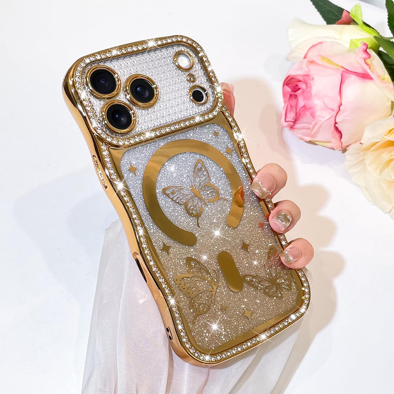 Bonoma Funda magnética para iPhone 17 Pro, diseño de mariposa dorada, borde