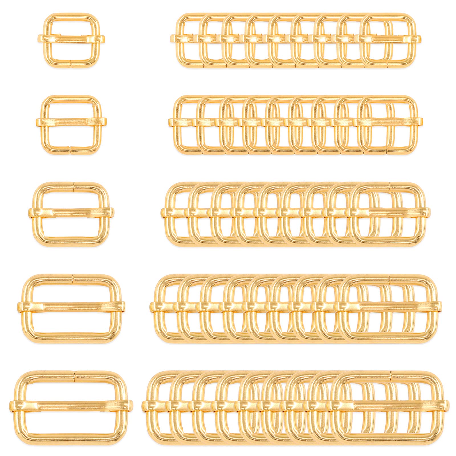 Swpeet 50Pcs 5 Sizes 1/2" 3/4" 1" 5/4" 5/8" Multi-Purpose Metal Rectangle Adjuster Triglides Slides Buckle for Belts Hardware