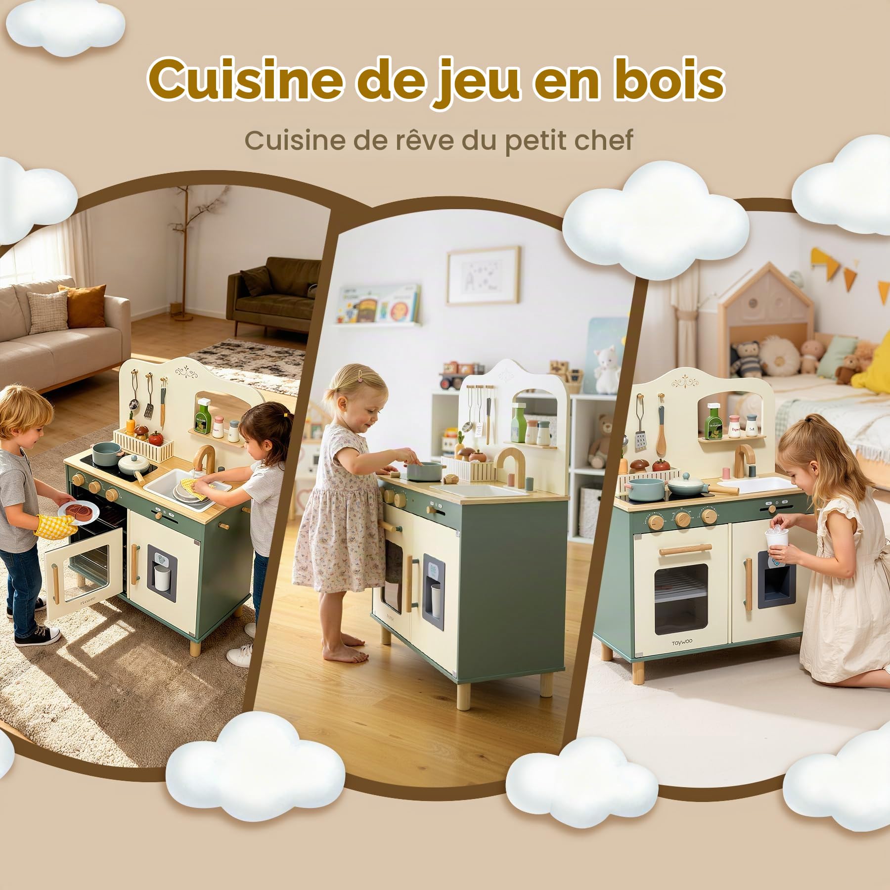 TOYWOO Cuisine en bois pour enfants avec lumière et son, cuisine de jeu pour enfants à partir de 3 ans avec set de nourriture à découper, évier, cuisinière et micro-ondes, jouet éducatif de jeu de