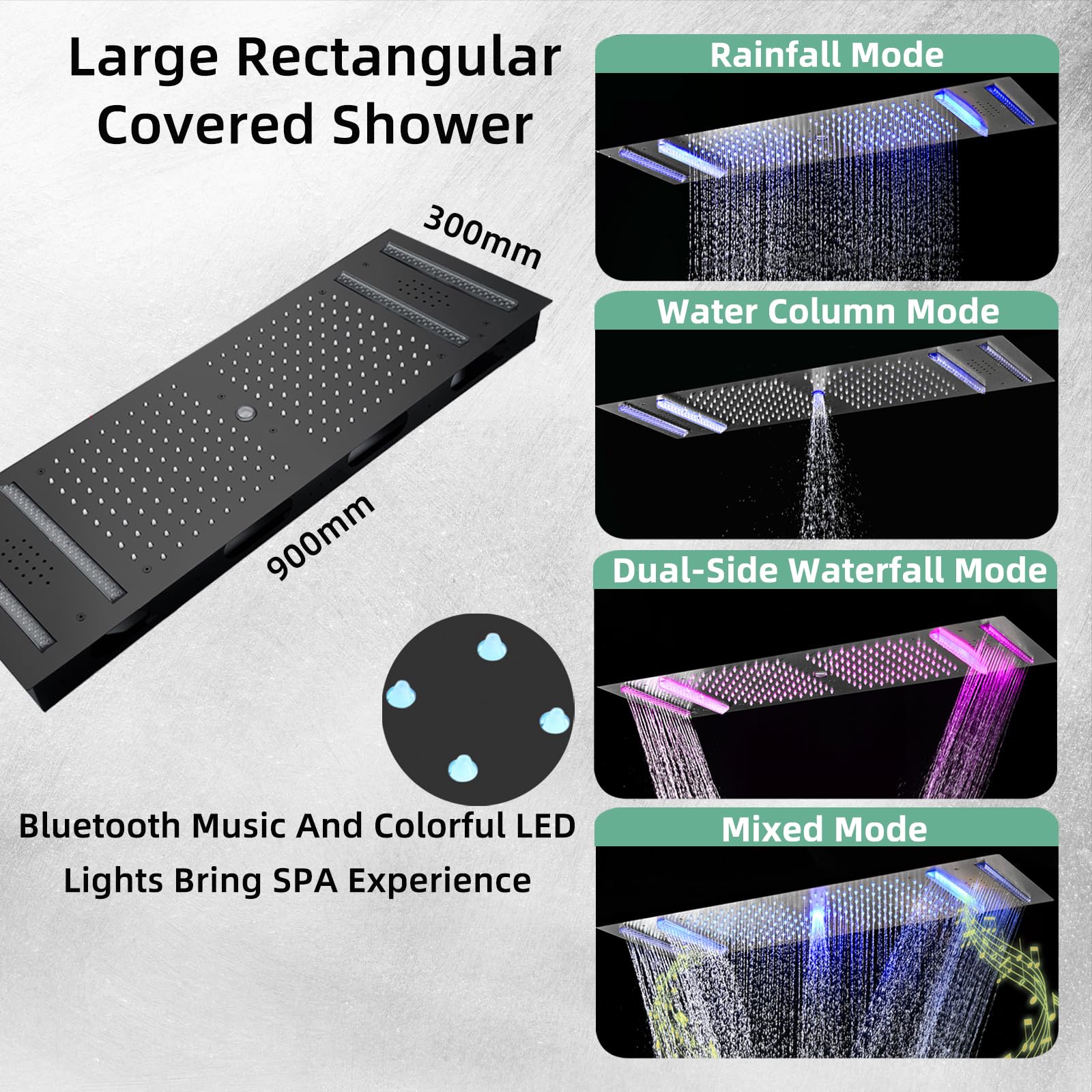 Colonna Doccia,Set Doccia Multifunzione con termostato,Kit Doccia con Musica Bluetooth con soffione da 900x305mm,LED Multicolore,6 soffioni Laterali e doccetta,Doccia soffione Completo,Nero