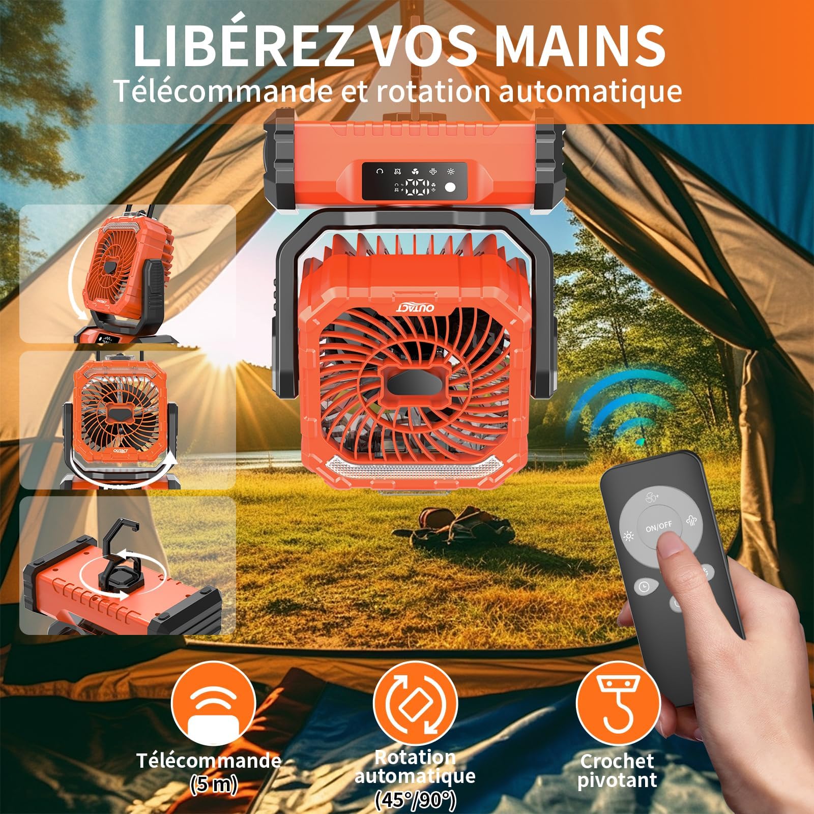 Ventilateur Camping Silencieux avec Lumière, Ventilateur Sans Fil Portable, Mist Fan Batterie Rechargeable 20000mAh avec Rotation et Minuterie, Crochet de Suspension pour Car Extérieur Bureau - Orange | Mist Fan Batterie Rechargeable 20003mAh avec Rotatio