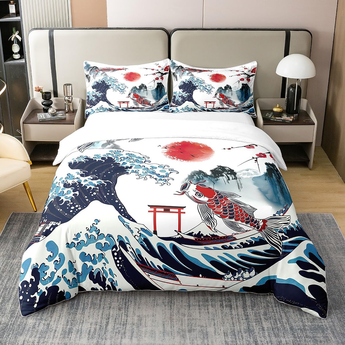 Funda nórdica de 100% algodón, 220 x 240, Carpa Puesta de Sol de Estilo Japonés, Juego de Cama,Ropa de cama de sol de flor de cerezo de ola,Azul blanco rojo Montaña Pez de Mar Cubre Cama