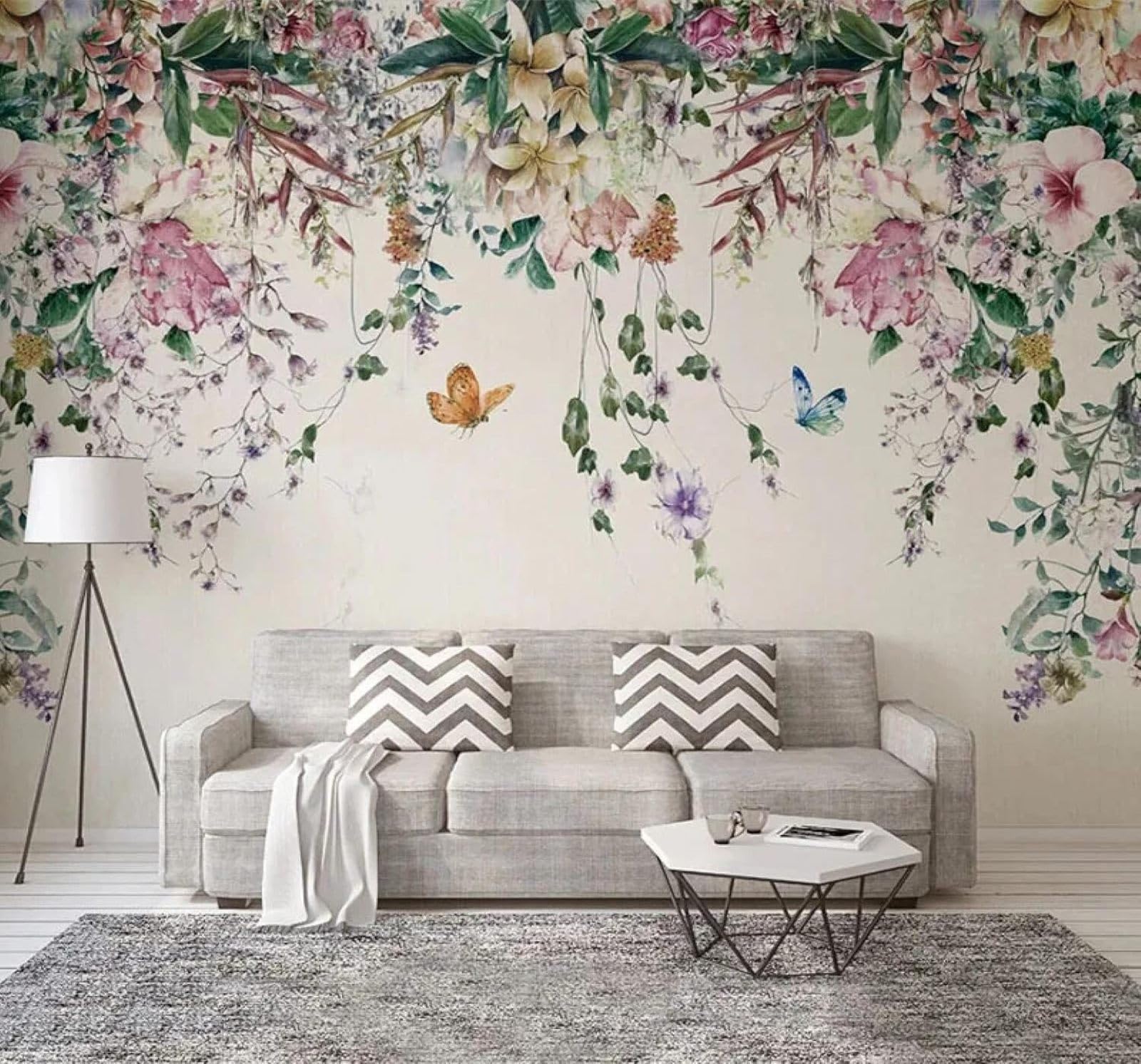 XLMING Beautiful Watercolour Vines Flowers Butterflies 3D Wallpaper Luxury Silk Study Dining Feature Sofa Grey Bedroom Living Room Tv Decorative Wall-400cm×280cm