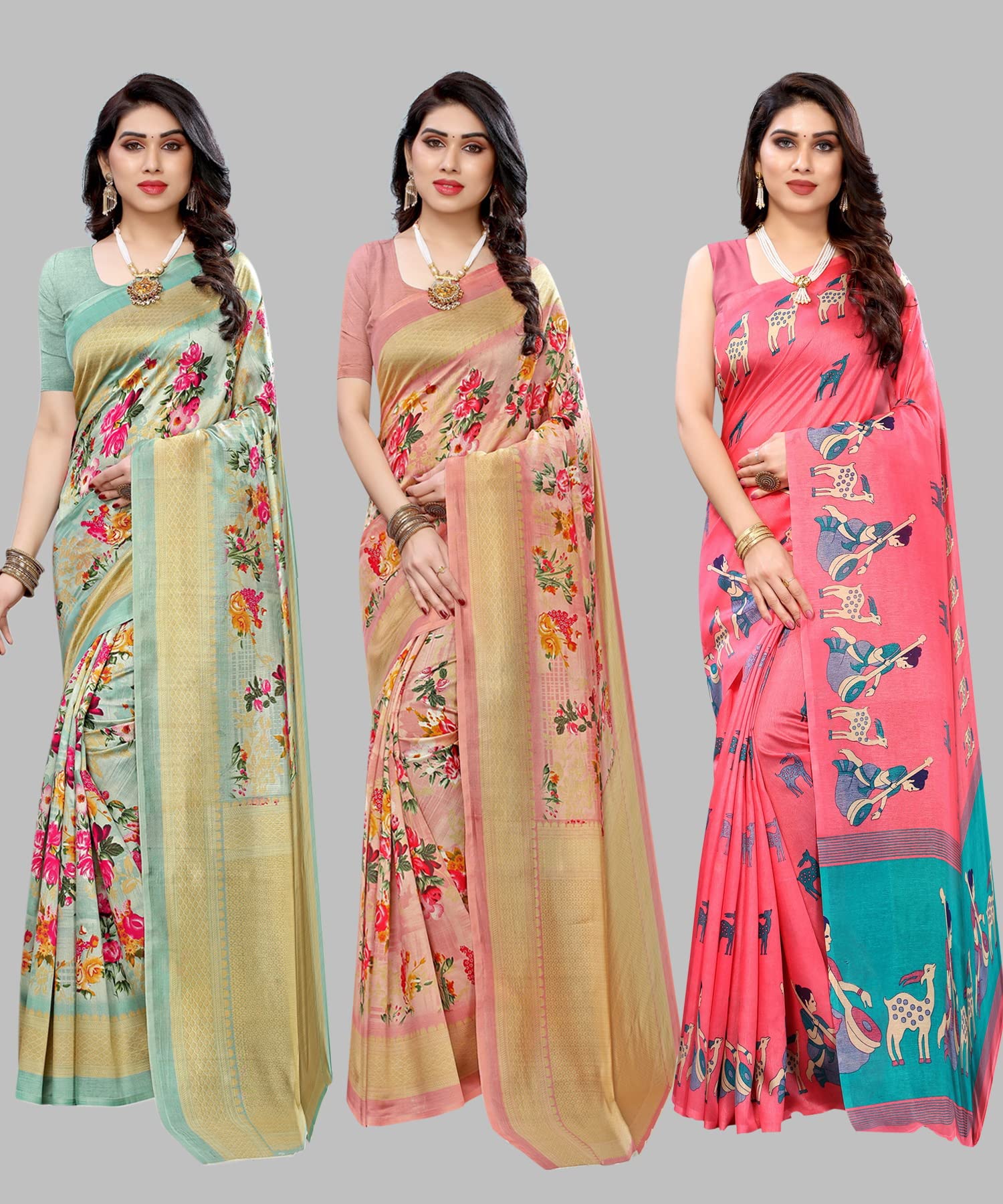 Yashika Sari da donna in seta con blusa, confezione da 3