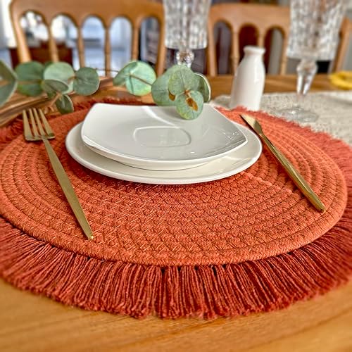 Miniatura 5 de Juego de 4 manteles individuales redondos de algodón, tejido lavable, para mesas de comedor, 14 pulgadas, resistentes al calor, manteles