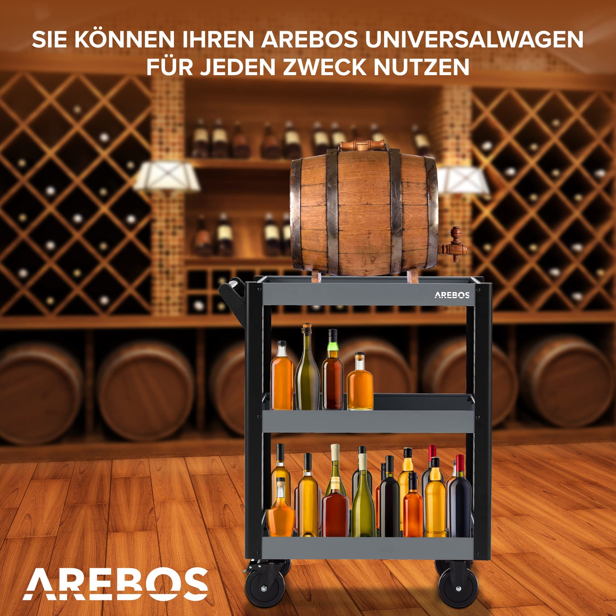 Arebos Servicewagen 3 Fächer | Werkstattwagen | Werkzeugwagen | Rollwagen für Transport und Lagerung | Multifunktionaler Etagenwagen | Allzweckwagen | 18-teiliges Hakenset | Anthrazit/Schwarz