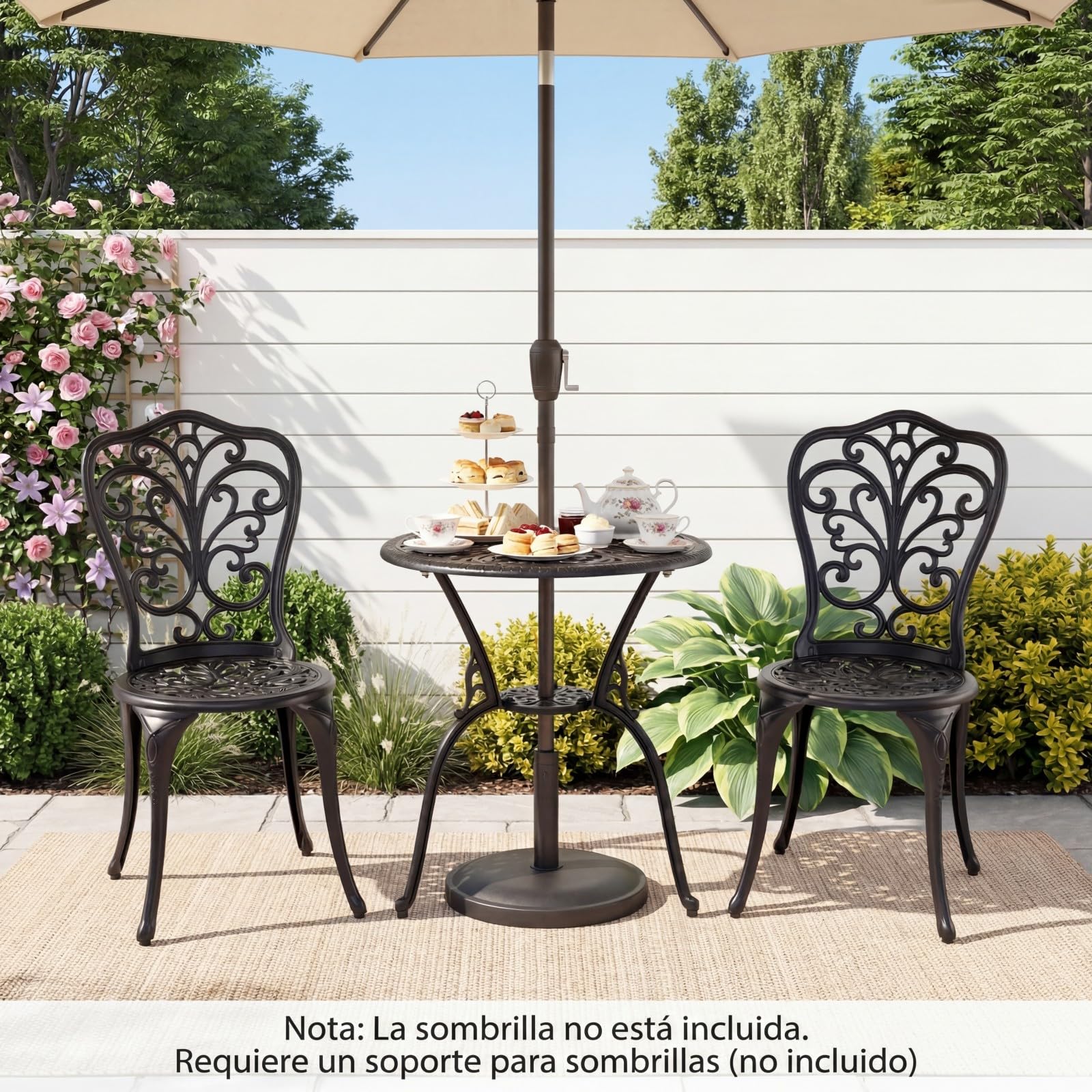 GOPLUS Conjunto de Bistró para Exteriores de 3 Piezas, Juego de Mesa y 2 Sillas de Aluminio Fundido para Todo Tipo de Clima con Agujero para Sombrilla, Juego de Muebles para Jardín (Mariposa)