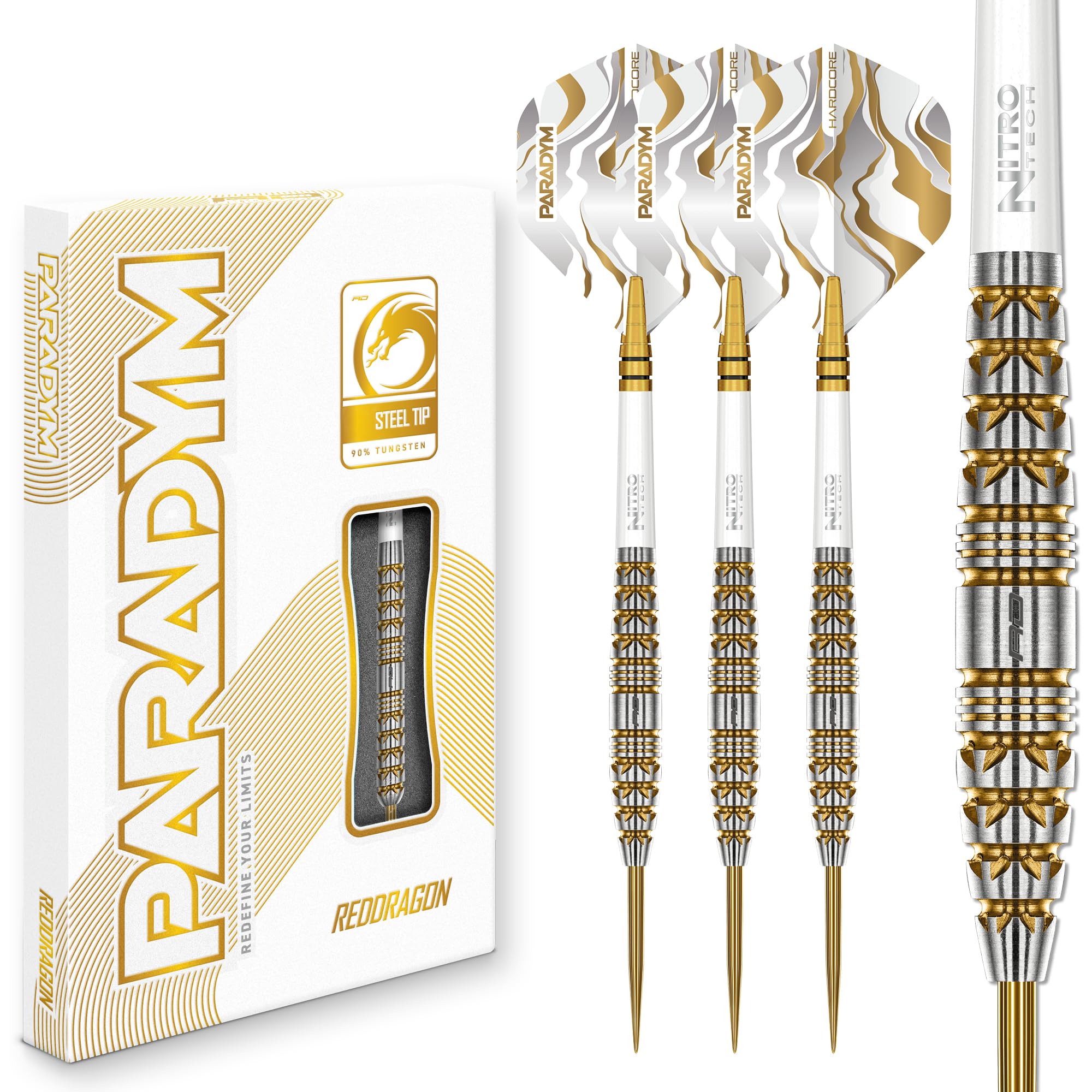 RED DRAGON Darts - Paradym Gold Series - 25g Professional Steel Tip Darts Set - 90% Tungsten Torpedo Barrel - Includes Dart Flights & Stems - Professional Dart Set