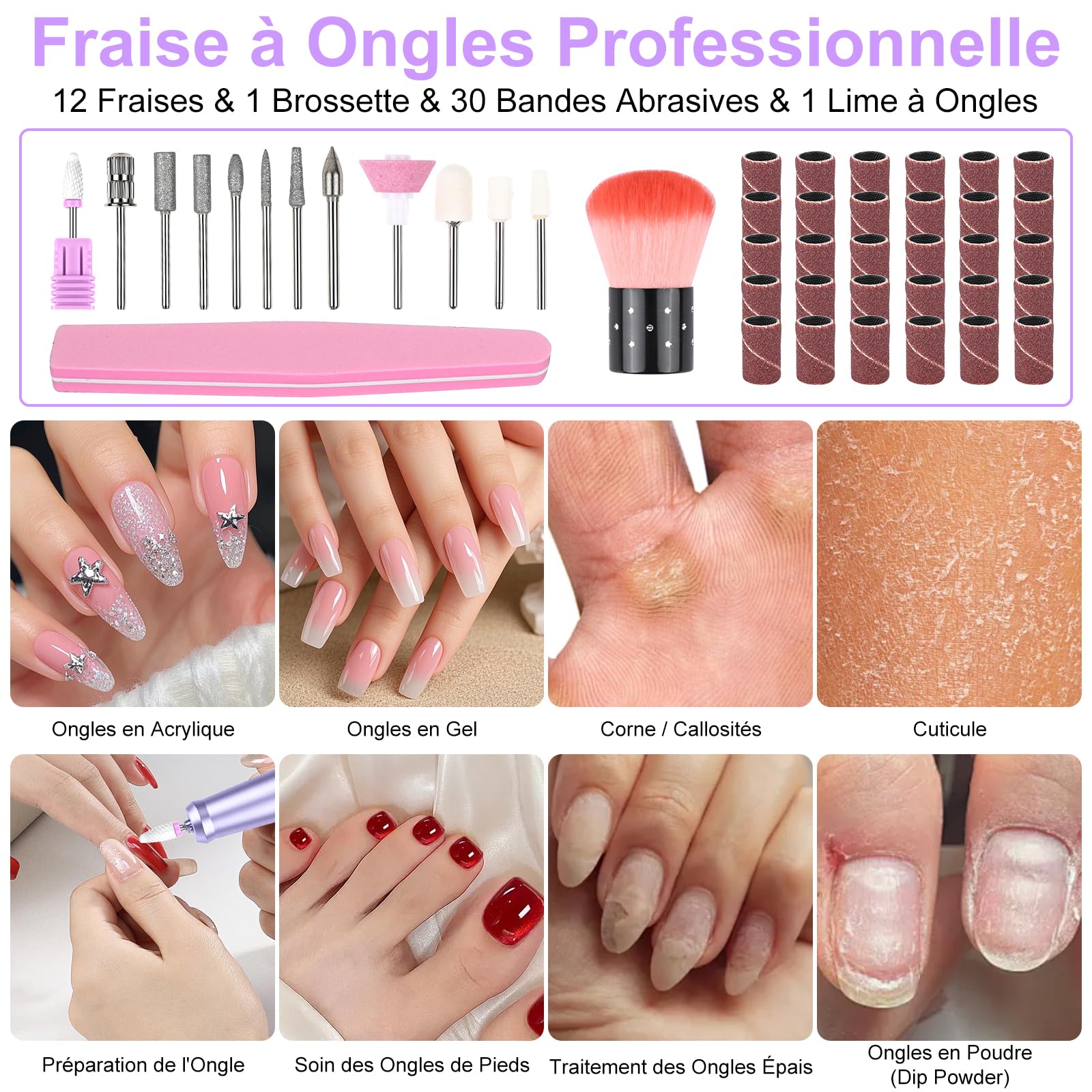 Ponceuse pour Ongles Professionnelle 45000 RPM,12 en 1 Lime a Ongle Electrique Portable,Ponceuse Ongles avec Écran LCD & Support,Lime à Ongle Electrique Silencieux,Conçu pour Les Salon,Violet