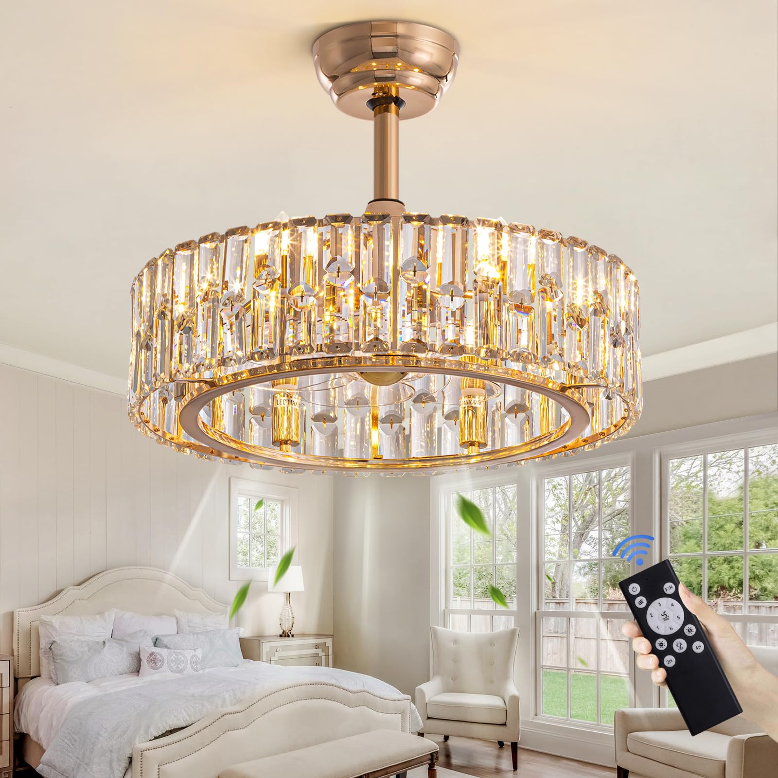 「Light Mellow Moonlight」 Siljoy 20'' Gold Caged Crystal Ceiling Fan with Light