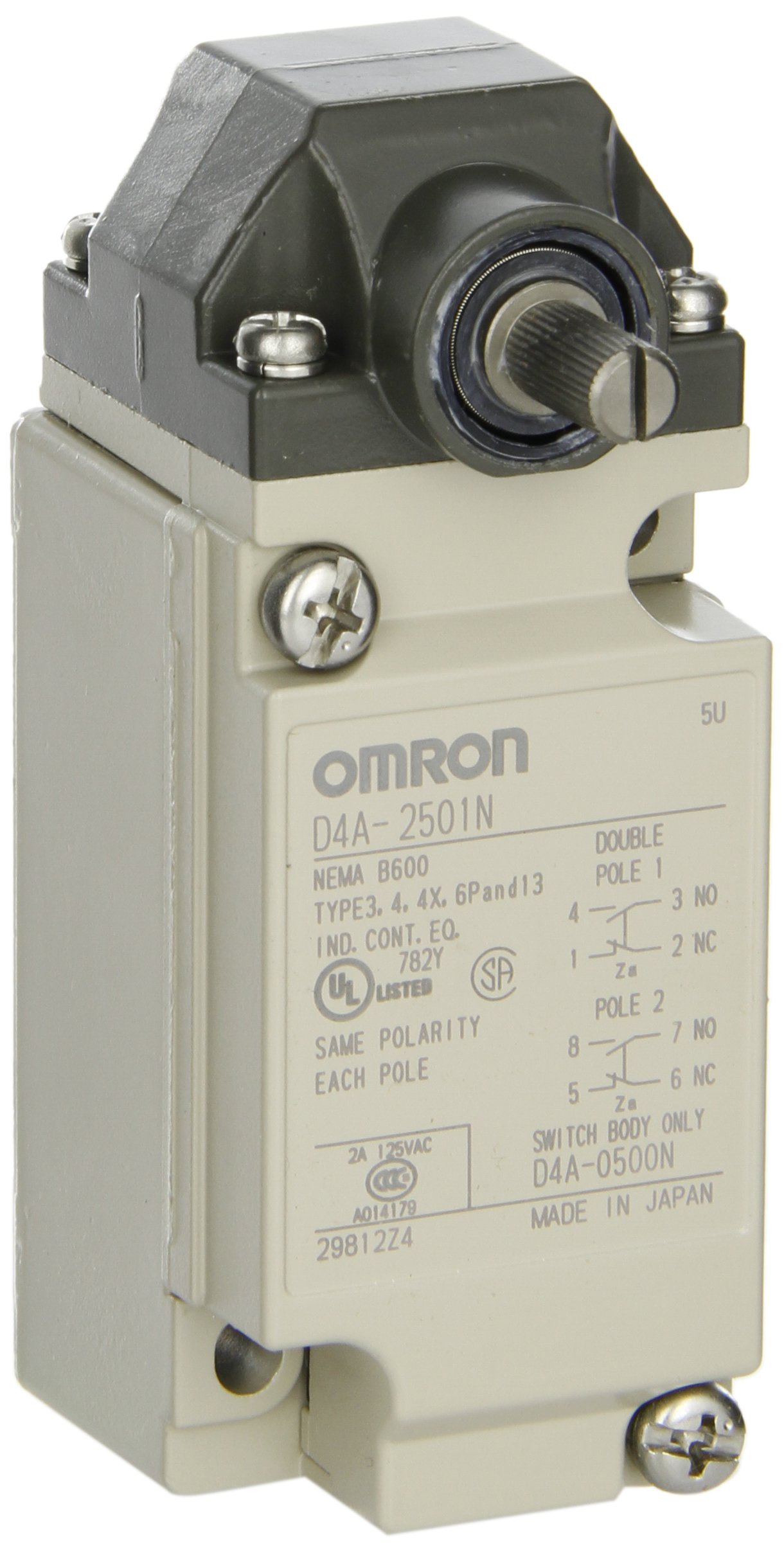 Omron D4A-2501-N General Purpose Limit Switch, Roller Lever, Standard Type, Simultaneous Operation, 1/2-14 NPT Conduit Size, Double Pole Double Throw, Double Break