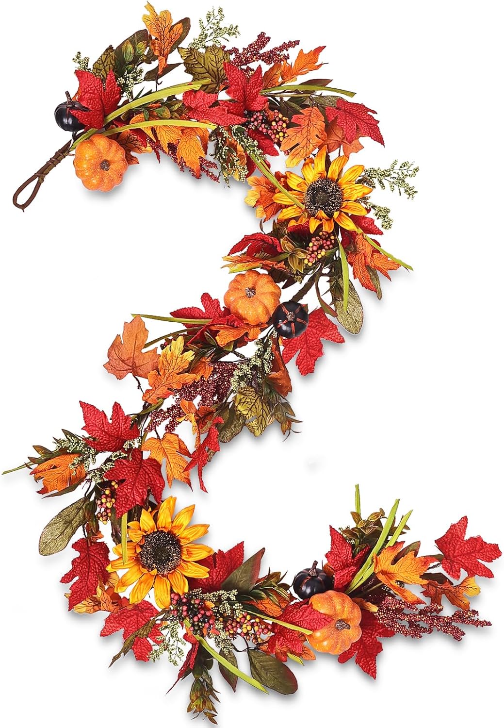 6ft Thick Fall Sunflower Garland with Pumpkin, Autumn Artificial Floral Harvest Leaves Garland for Mental, Table, Thanksgiving, Halloween, Fireplace Porch Indoor Outdoor Decoration