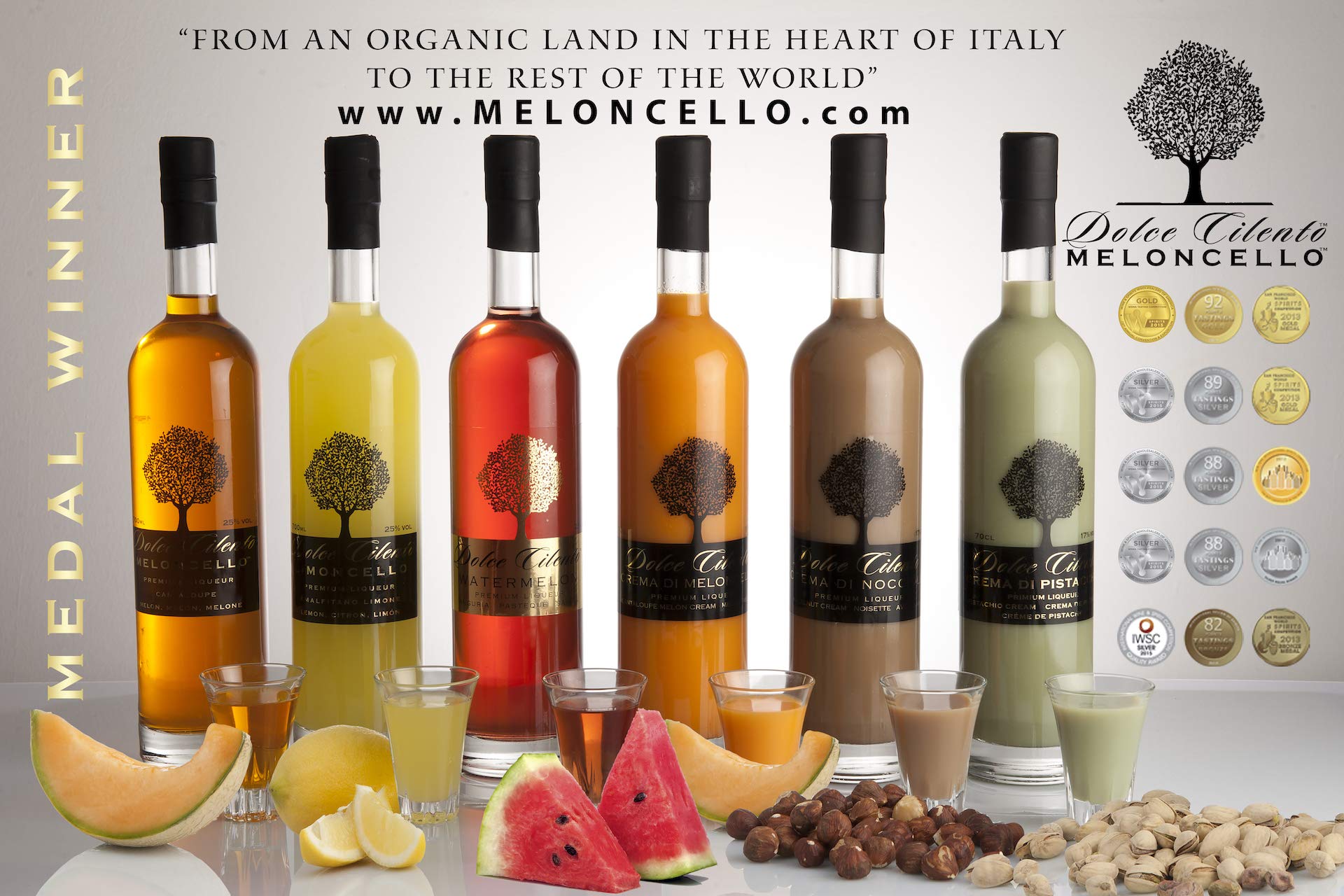 Dolce Cilento Set de Licores Italianos 6x700ml – Meloncello, Limoncello, Watermeloncello, Crema de Meloncello, Crema de Limoncello, Avellana – Licor Premium con Medallas – Regalo Gourmet
