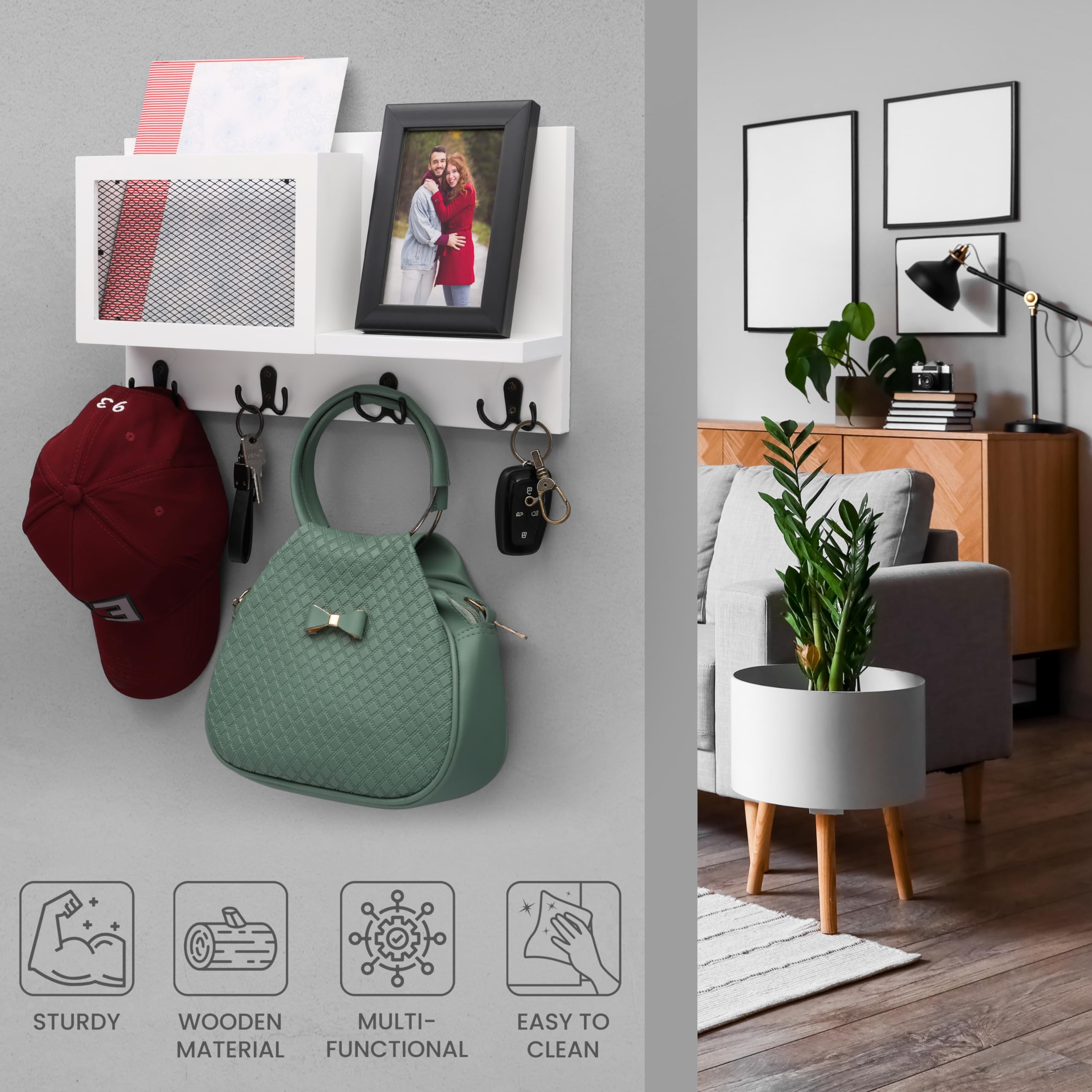 Porta Lettere E Chiavi Da Parete In Legno - Con 8 Ganci E Ripiano Bianco