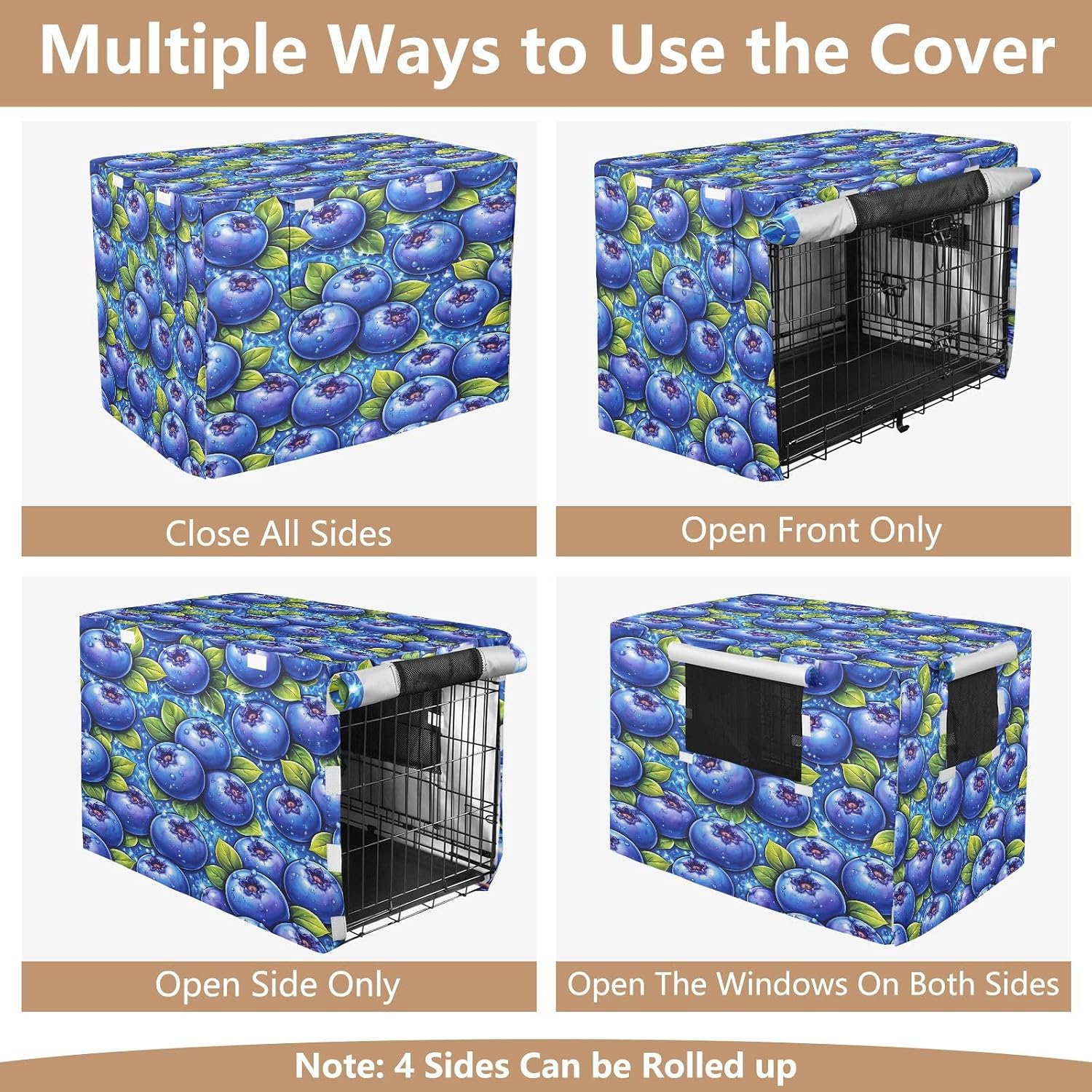 Vivid Blueberries Dog Crate Cover 600D Oxford Pet Kennel Cover with Mesh Window for Dog Cages, Windproof Waterproof Machine Washable, 48"x30"x33"