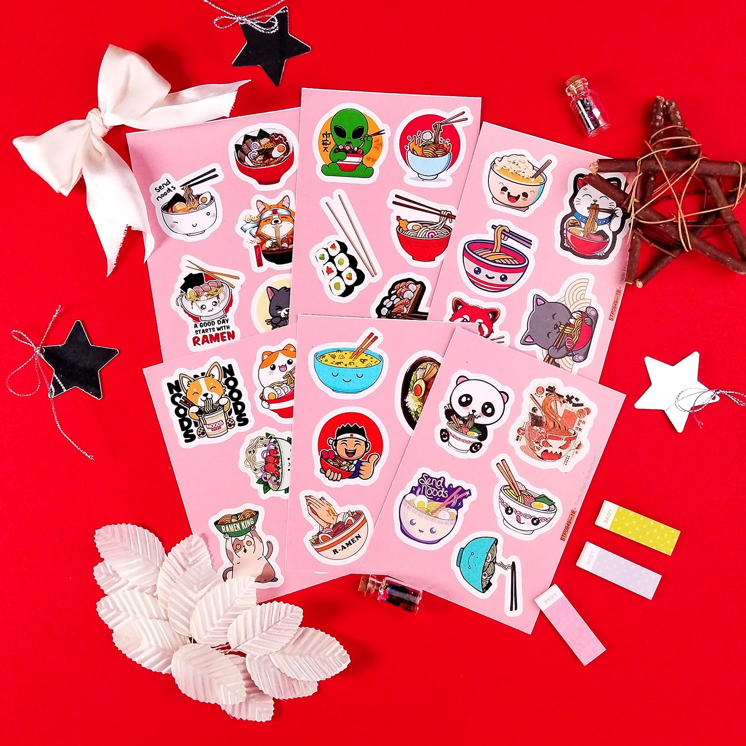BulbaCraft Ramen Stickers for Water Bottle and Laptop - Foodie Party Supplies & Decorations, Waterproof Vinyl Noodle Decals, Cute Ramen Stickers Laptop Decals, Gifts for Women & Men