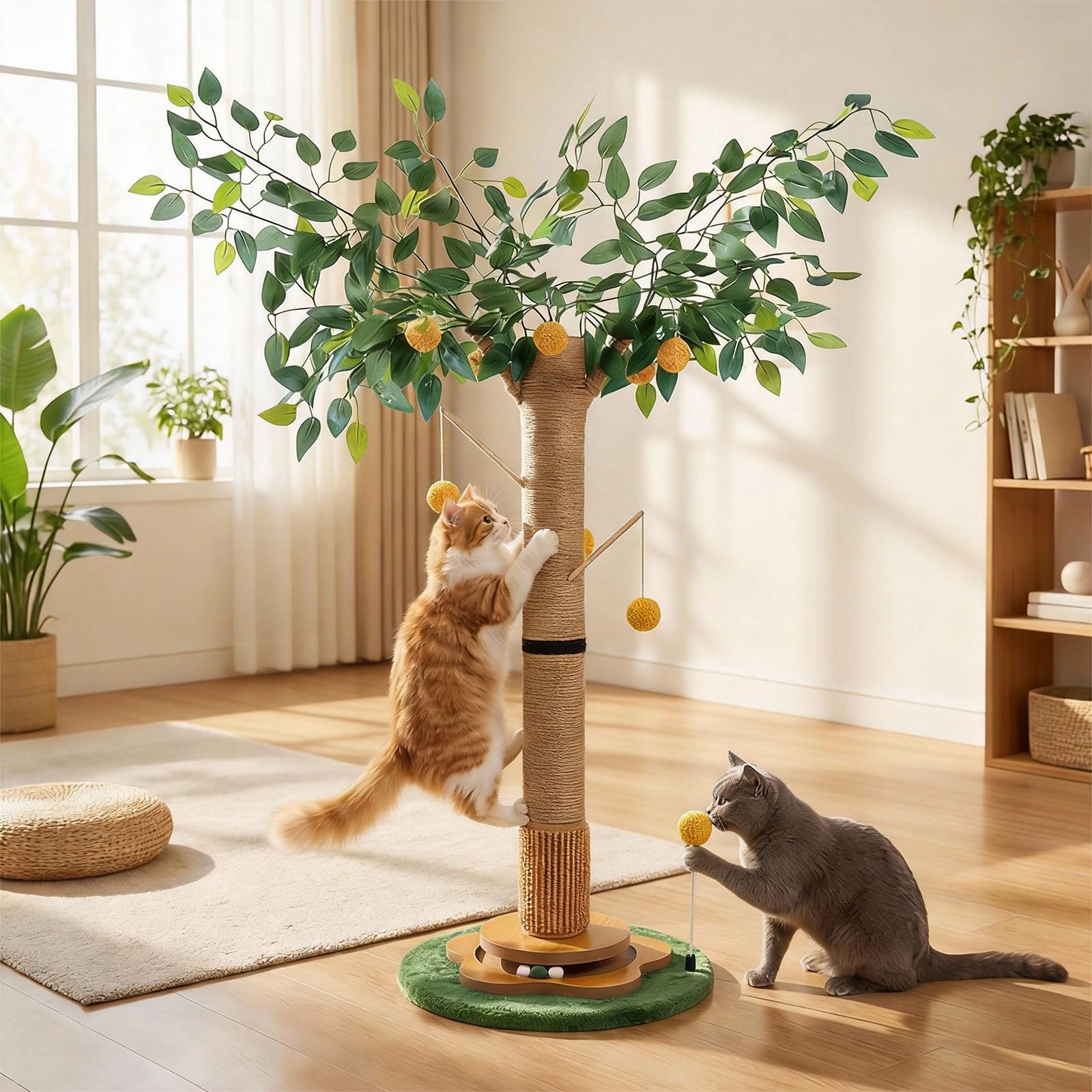 Cat Scratching Post 85cm Tall with 3 Interactive Balls Sisal Rope Cat Scratcher with Hanging Balls for Indoor Kittens Adults Cats