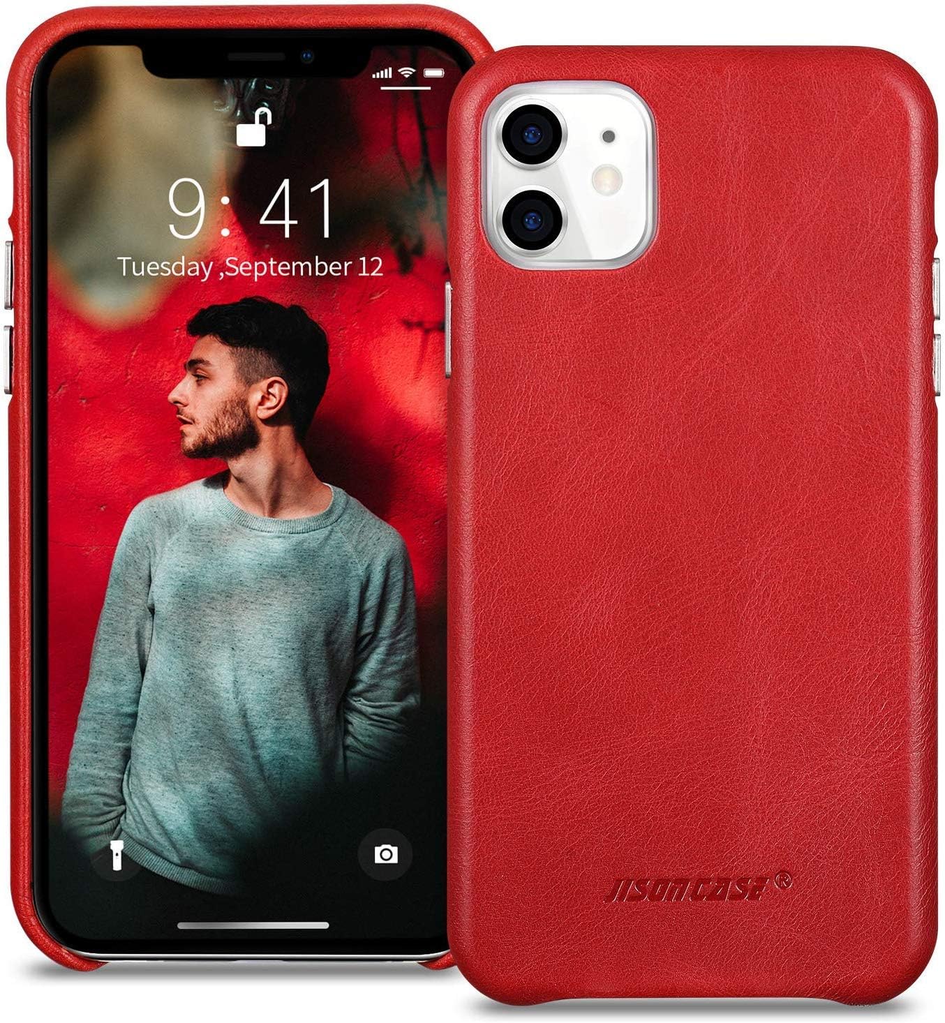 Amazon Com Jisoncase Iphone 11 Case Iphone 11 Genuine Leather Case Slim Back Cover Protective Cases For Iphone 11 6 1 Inch Red Cell Phones Accessories